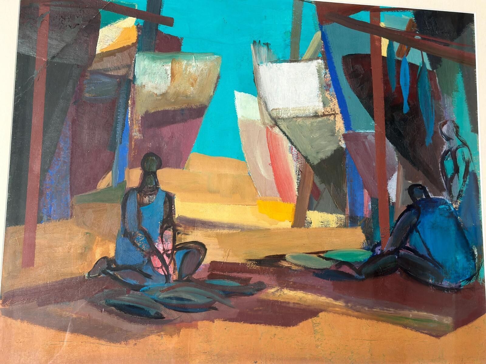 375.0 Original Swedish Oil On Cardboard – “Figures” – Signed – Vintage & Framed – 71 × 61 Cm (28" × 24") photo