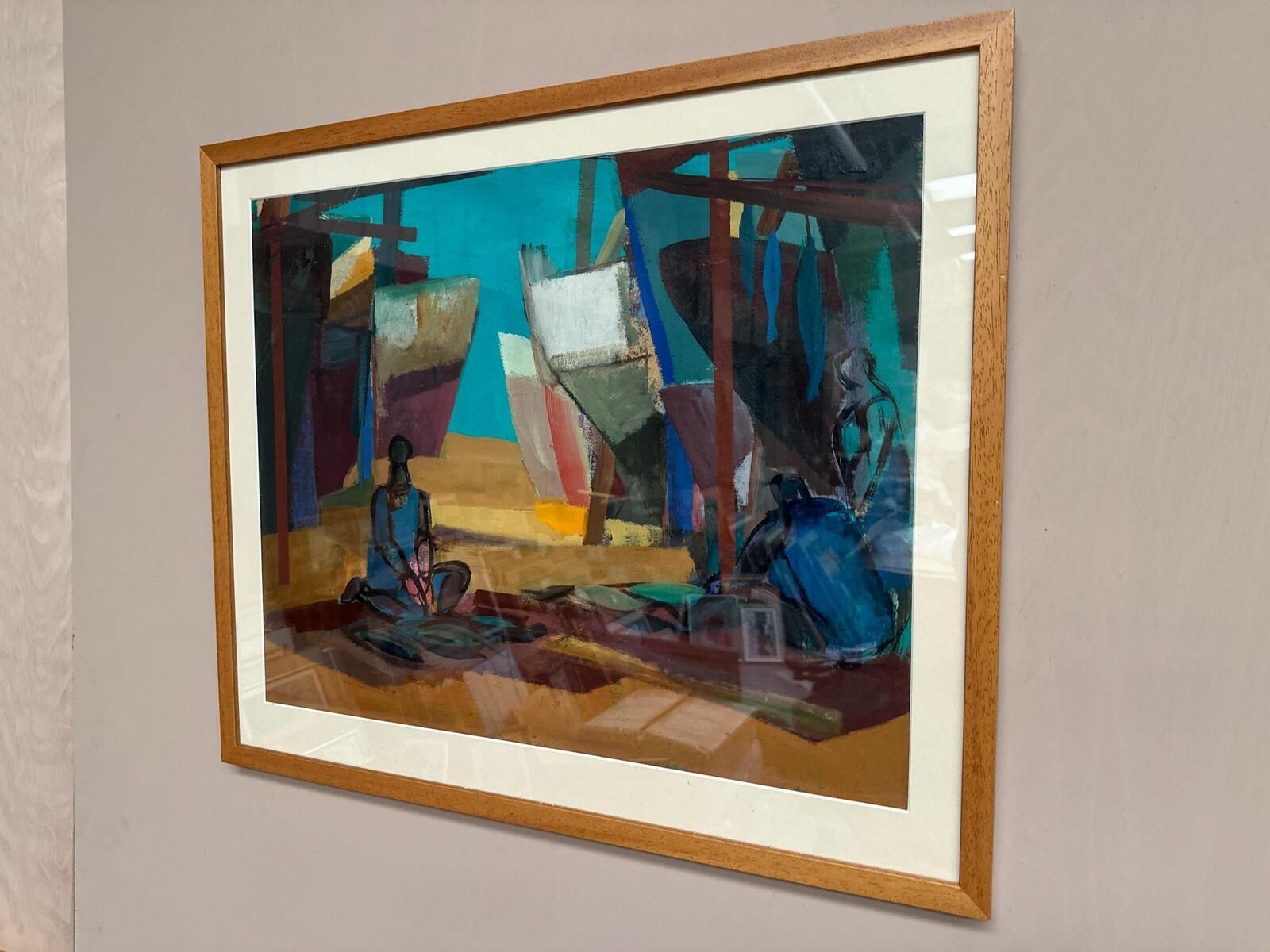 photo vinterior Original Swedish Oil On Cardboard – “Figures” – Signed – Vintage & Framed – 71 × 61 Cm (28" × 24")