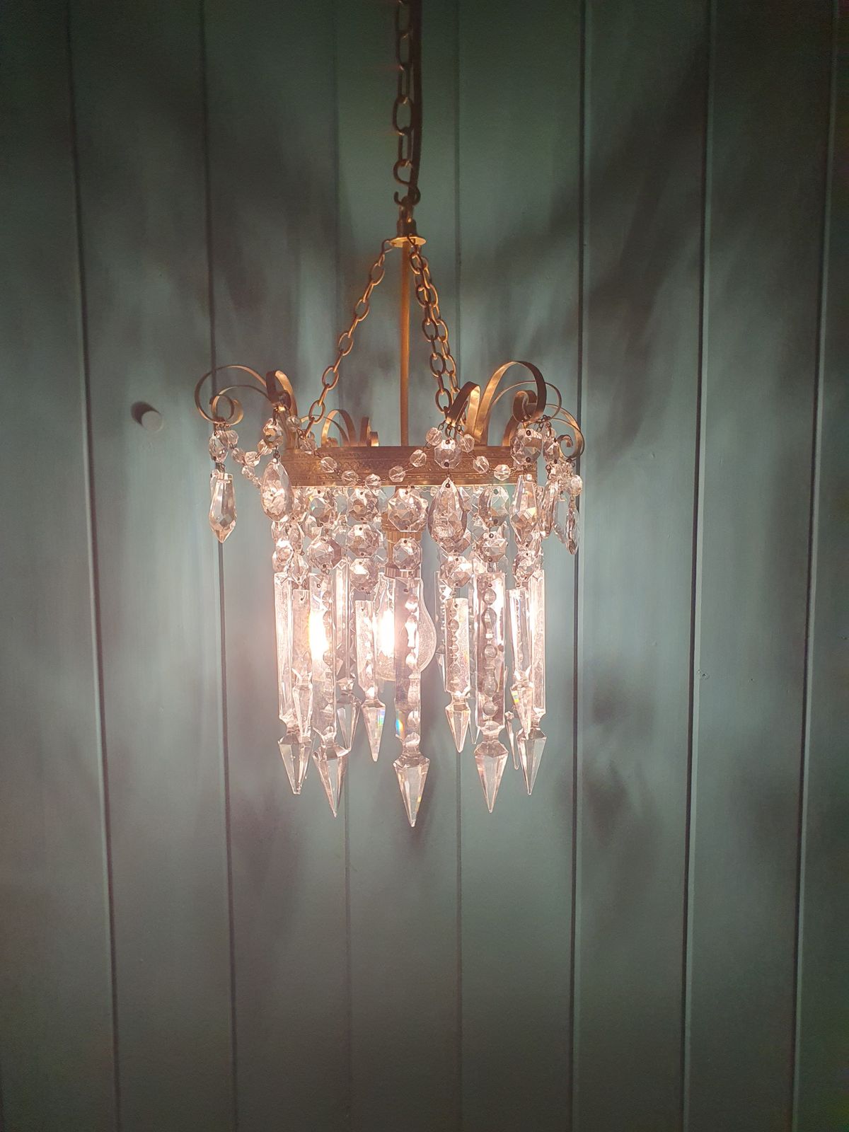 Antique Brass & Cut Glass Spike Chandelier 12" photo furniture