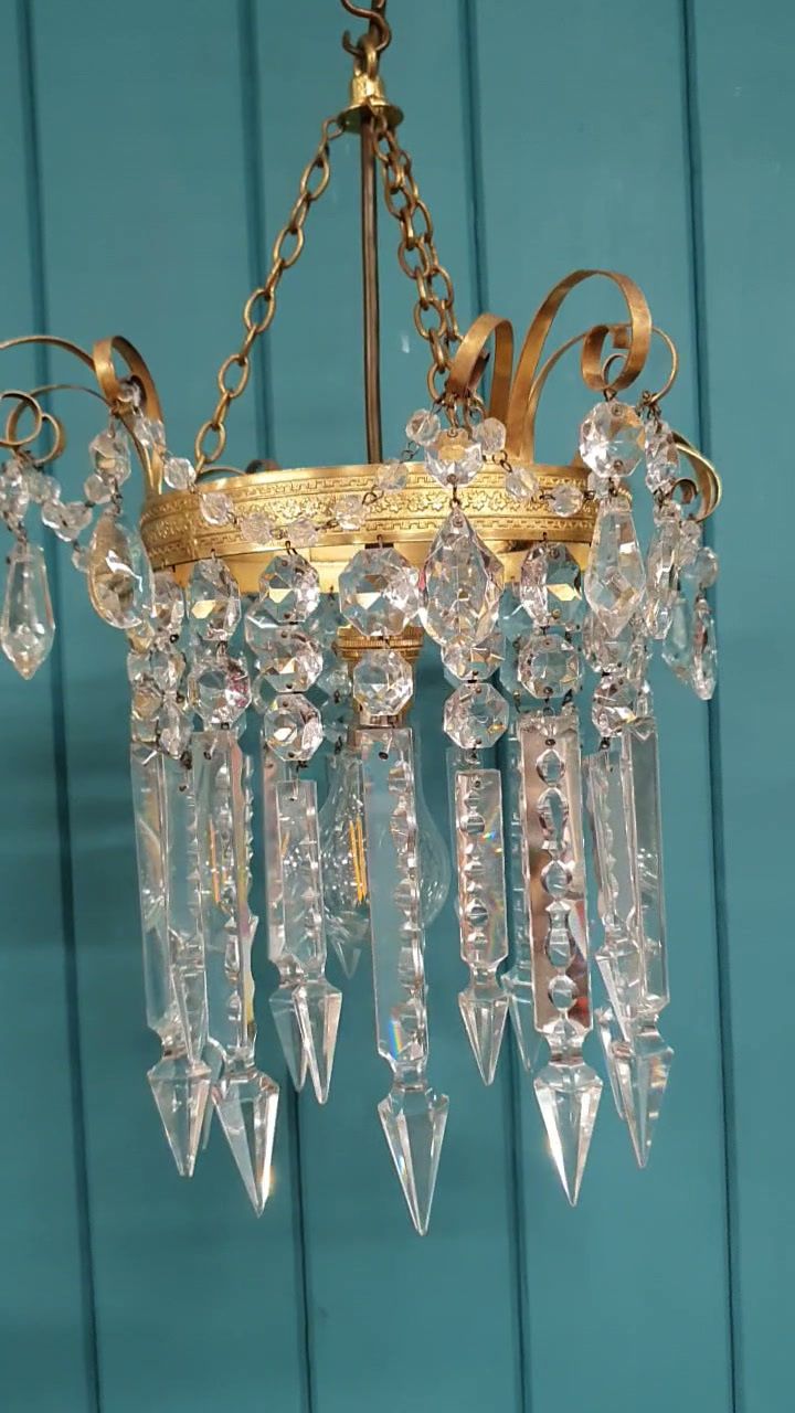 Antique Brass & Cut Glass Spike Chandelier 12" photo for sale