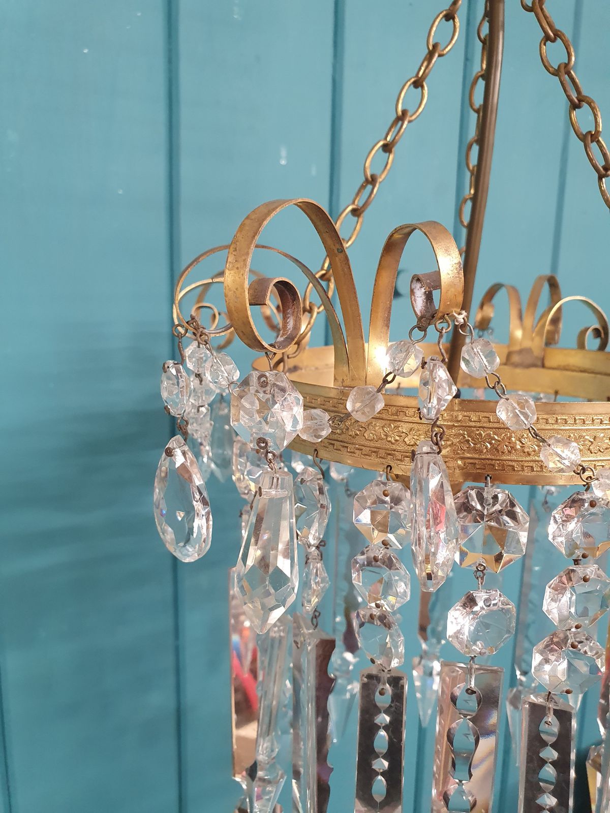 Antique Brass & Cut Glass Spike Chandelier 12" photo buy