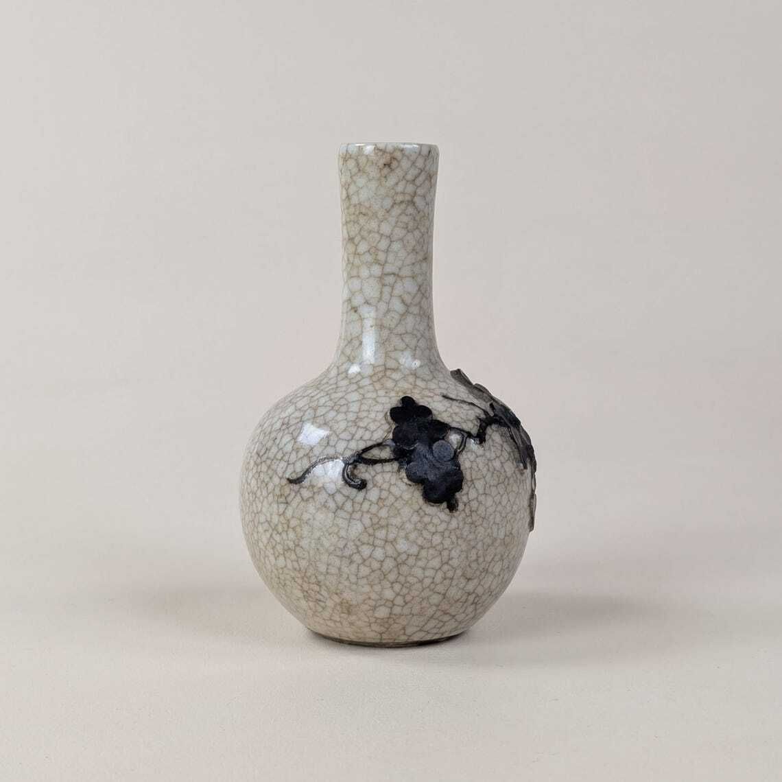 Chinese Crackle Glaze Vase Antique Applied Prunus Plum Blossom Decor Small 19th Century Asian Pottery Bottle Late Qing Republic Ceramic photo 97.0