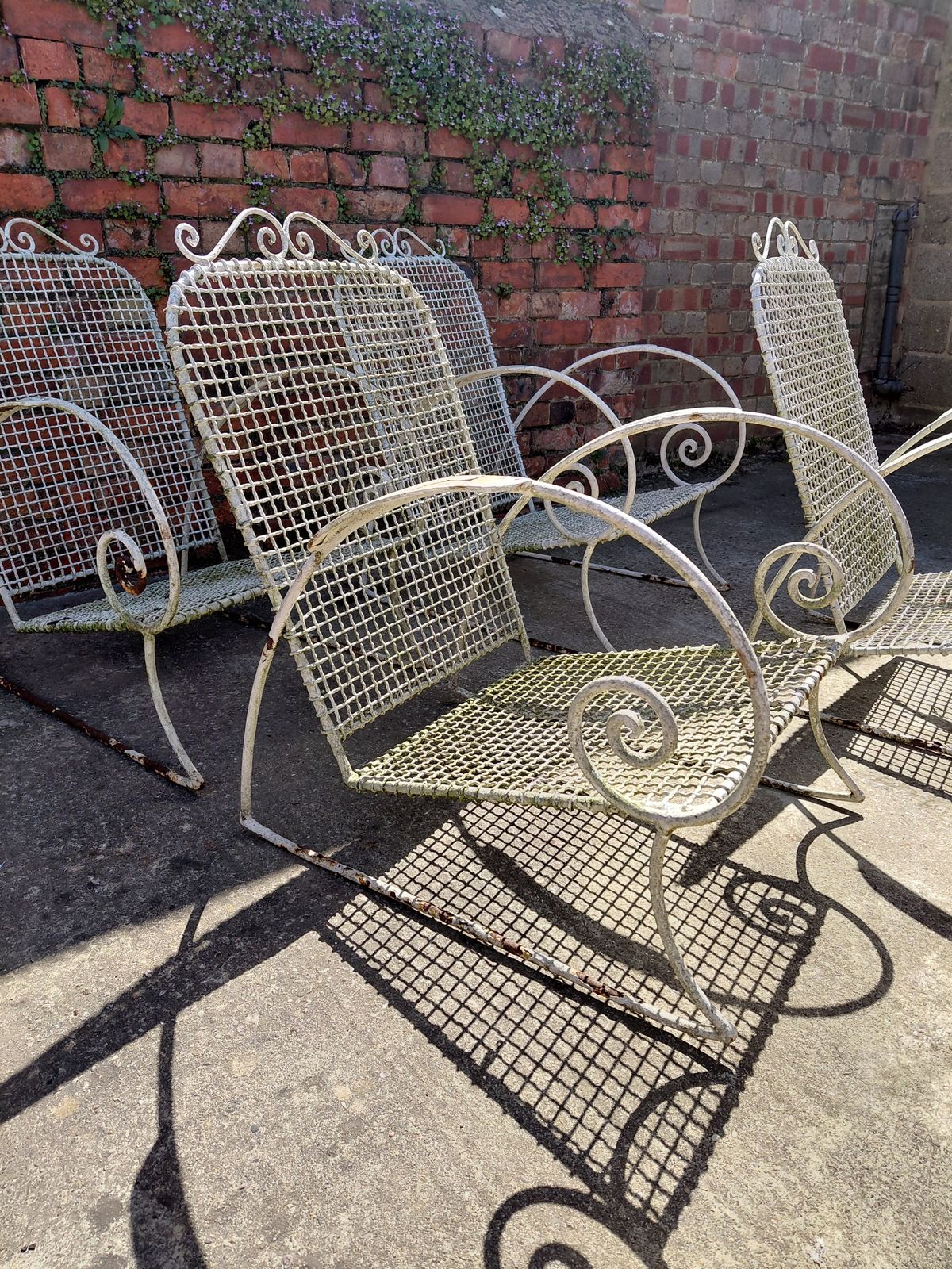 Rare Set Of Two Antique Wirework Garden Chairs With Cushions, Circa 1920s photo for sale