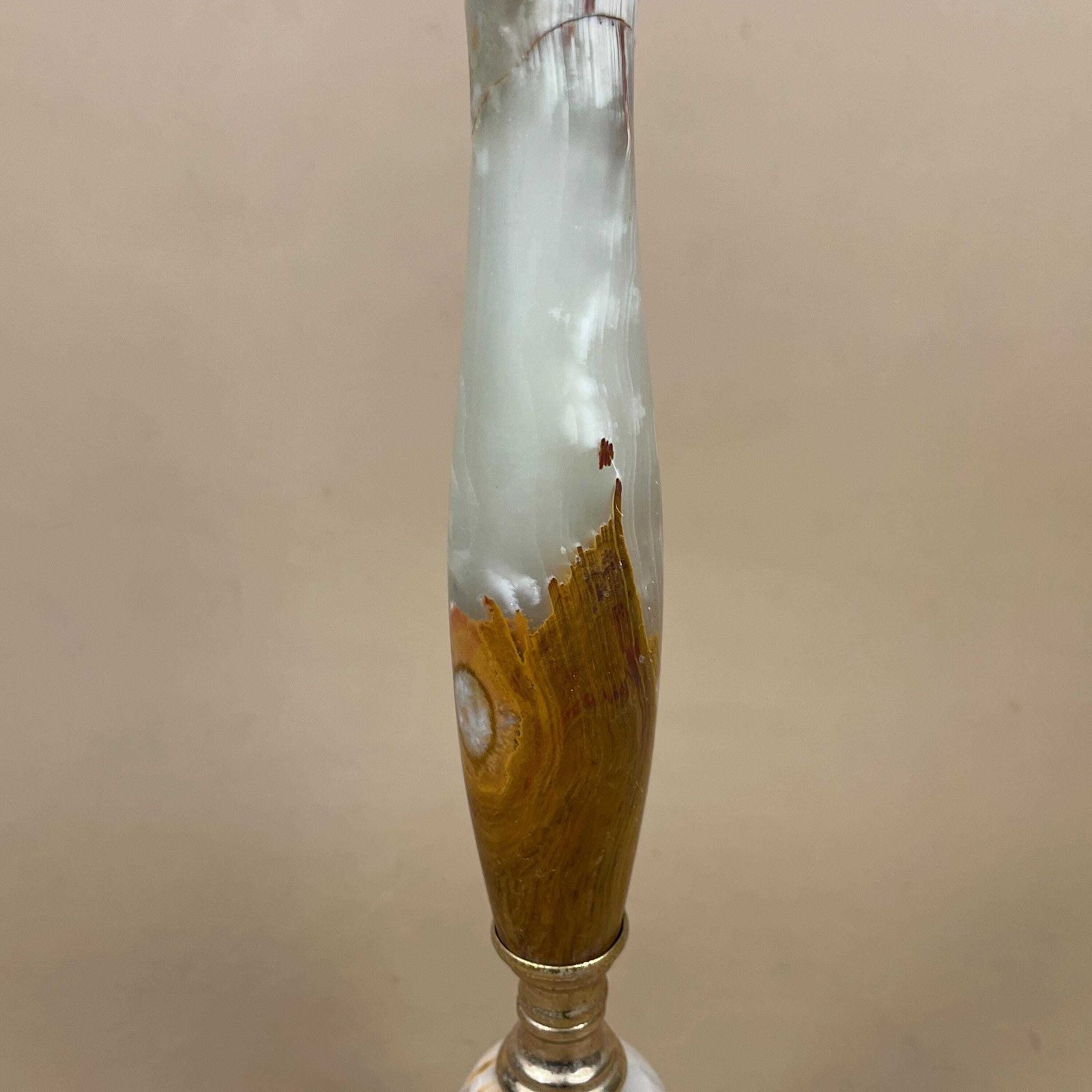 photo for sale Green Onyx Marble Lamp Light Bedside Brass Gold Metal Ornate Base Marbled Pattern Heavy Classic Column Natural Stone Antique Vintage Side
