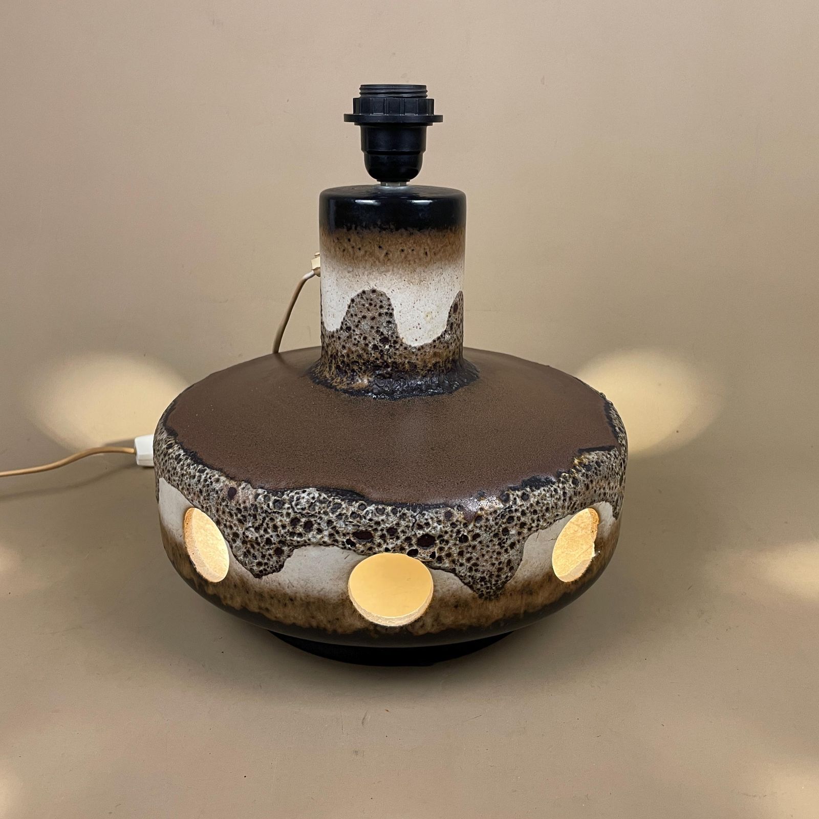 Large Ceramic Patterned Brown Studio Pottery Lamp Bedside Table Light Vase Retro Cottage Natural Antique Pattern Handmade Dripped Glaze photo for sale
