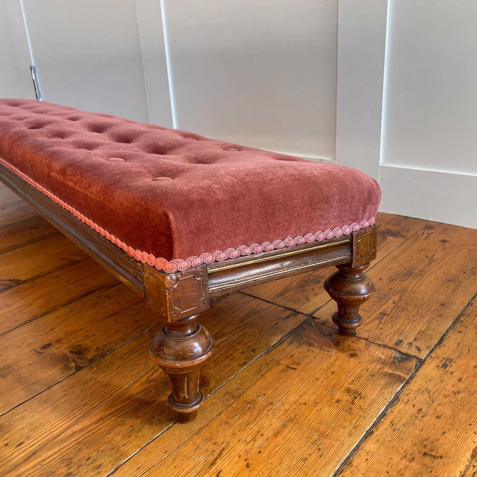 photo for sale Vintage Velvet Footstool Ottoman Bench Pink Tufted Wooden Long Upholstered Stool Seat Turned Legs
