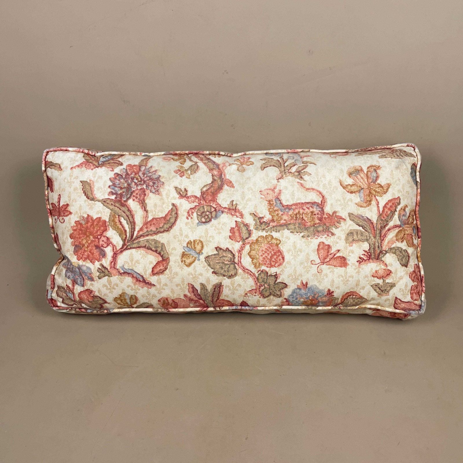 Floral Feather Cushion Pillow Vintage Rectangular Printed Cotton Long Seat Throw Pillow Handmade Decorative Sofa Accent Piped Edge