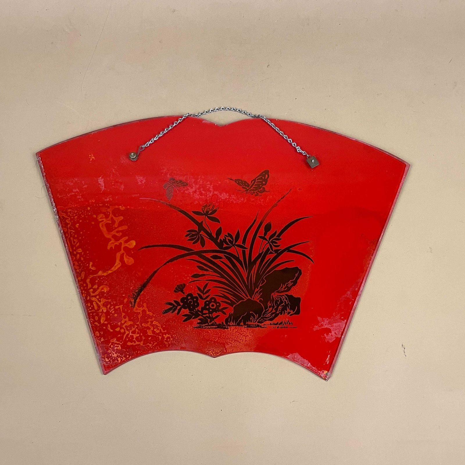 photo for sale Fan Shape Wall Mirror Vintage Asian Oriental Small Hanging Mirror Red Black Back Painted Lacquer Decorative Mirror For Entryway Bedroom