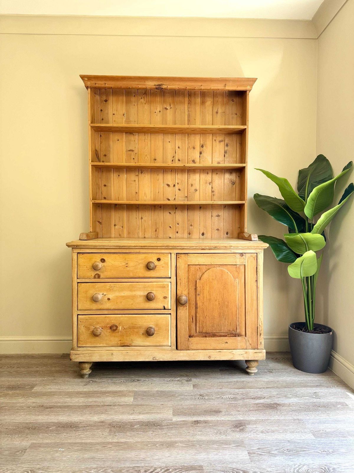 Antique Pine Dresser Sideboard With Shelving And Drawers – Rustic Farmhouse Cabinet
