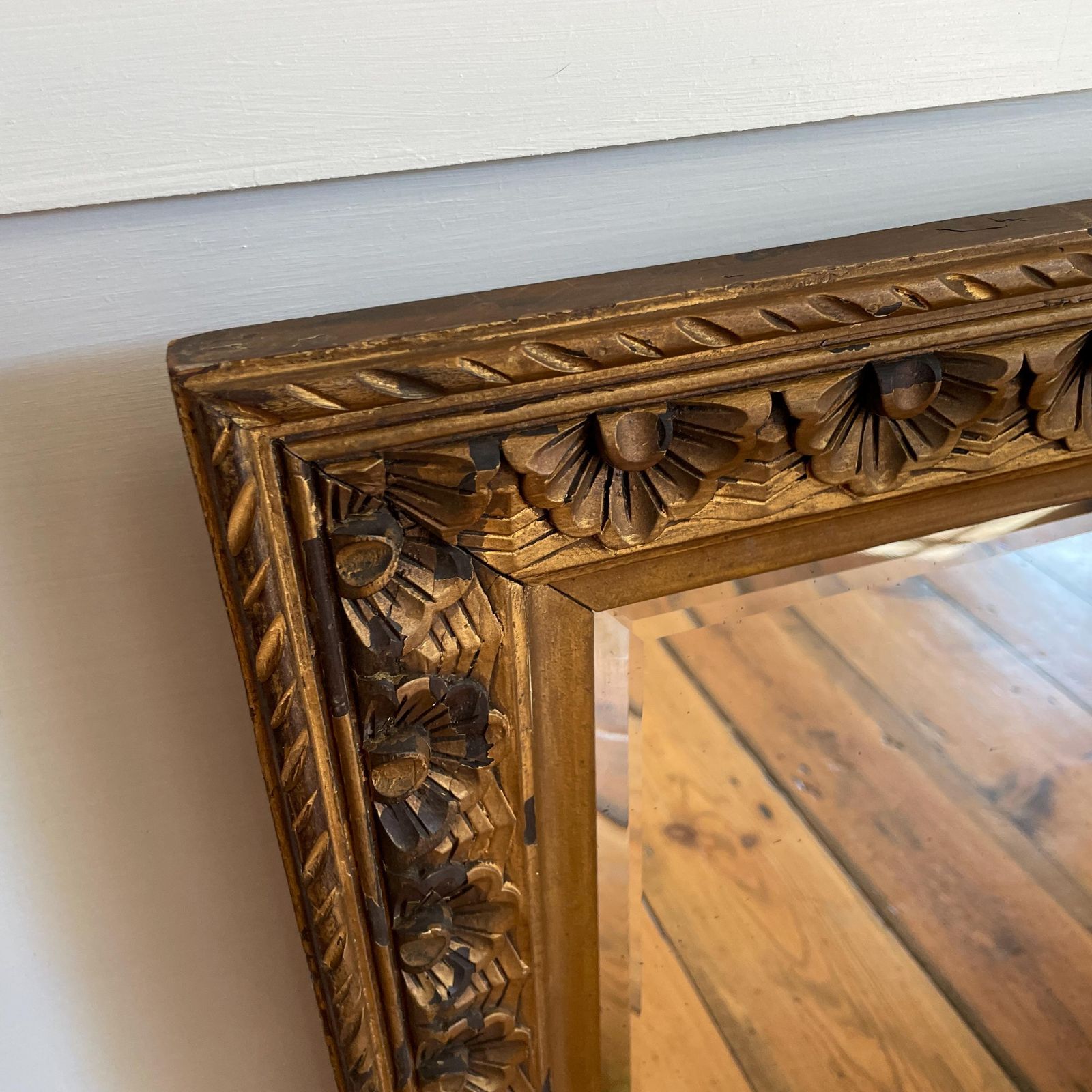 Gold Floral Wooden Mirror Large Vintage Carved Wall Mirror Ornate Rectangular Frame Indian Style Entryway Lounge Accent photo for sale