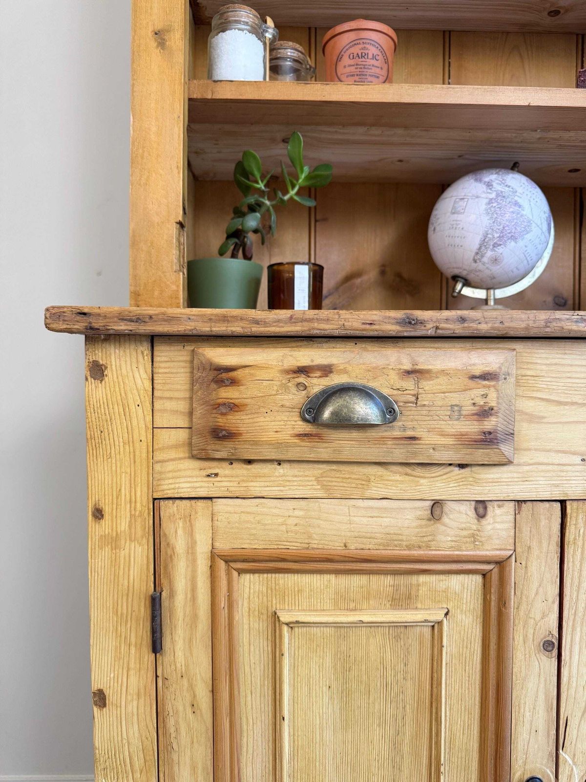 Antique Pine Dresser Sideboard With Shelving And Drawers – Rustic Farmhouse Cabinet Pantry photo vinterior