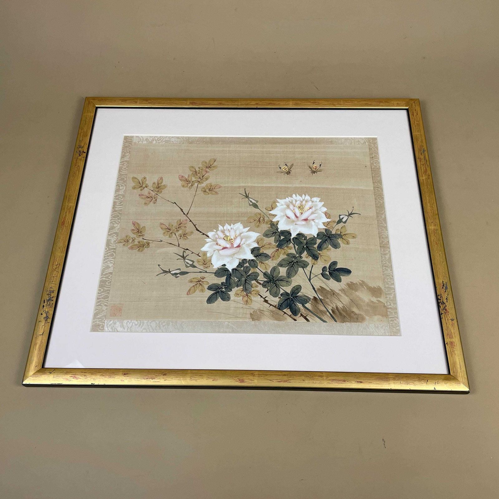 Asian Floral Bee Framed Art Picture Hand Painted On Silk Vintage Gold Frame Wall Hanging Japanese Style photo for sale