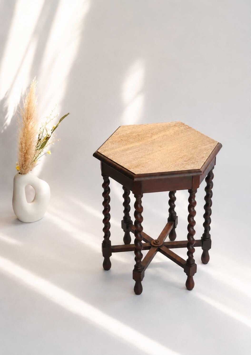 Hexagonal Antique Barley Twist Table, Wooden Plant Stand With Barley Twist, Farmhouse Decor