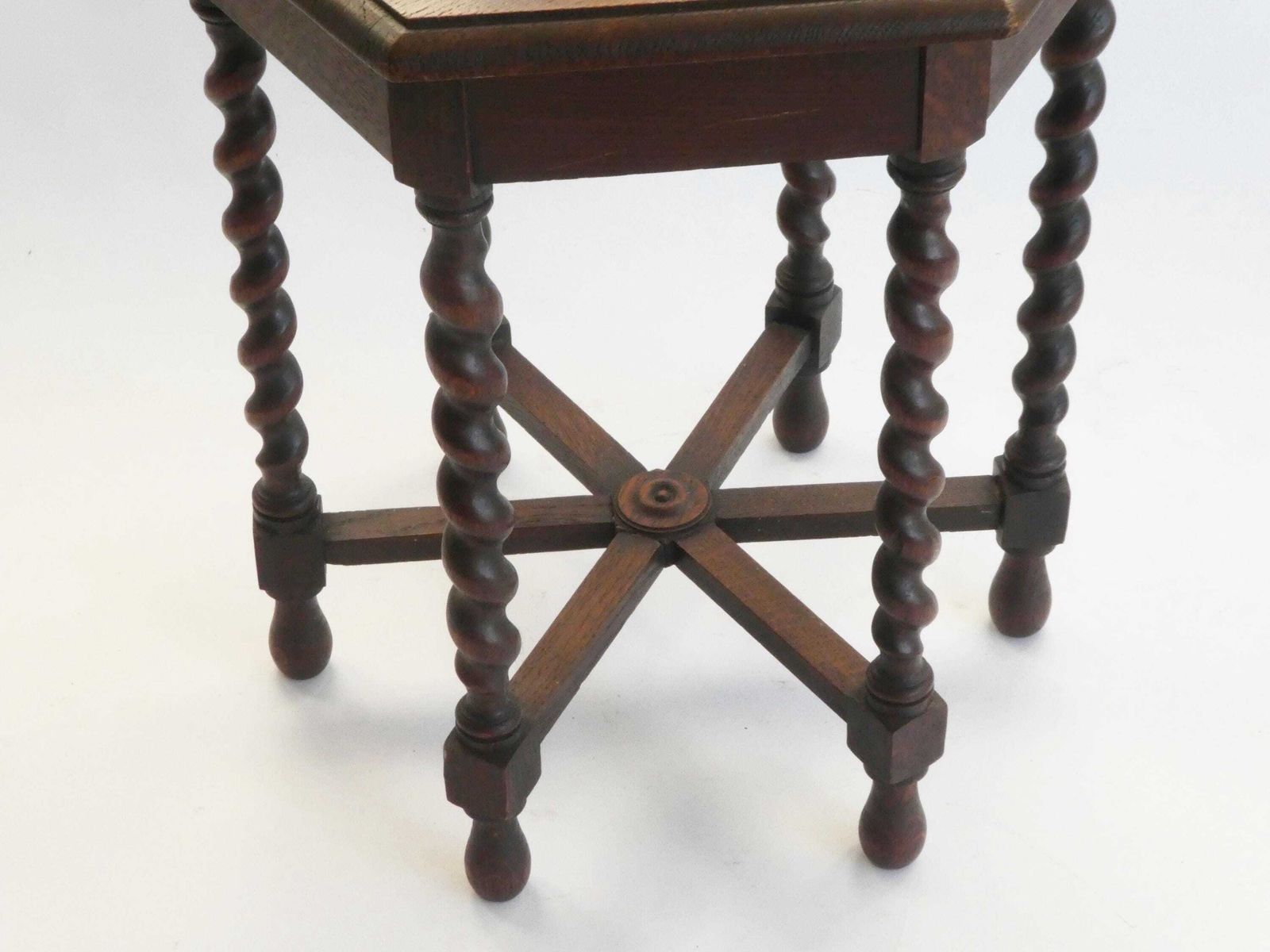 Hexagonal Antique Barley Twist Table, Wooden Plant Stand With Barley Twist, Farmhouse Decor photo vinterior