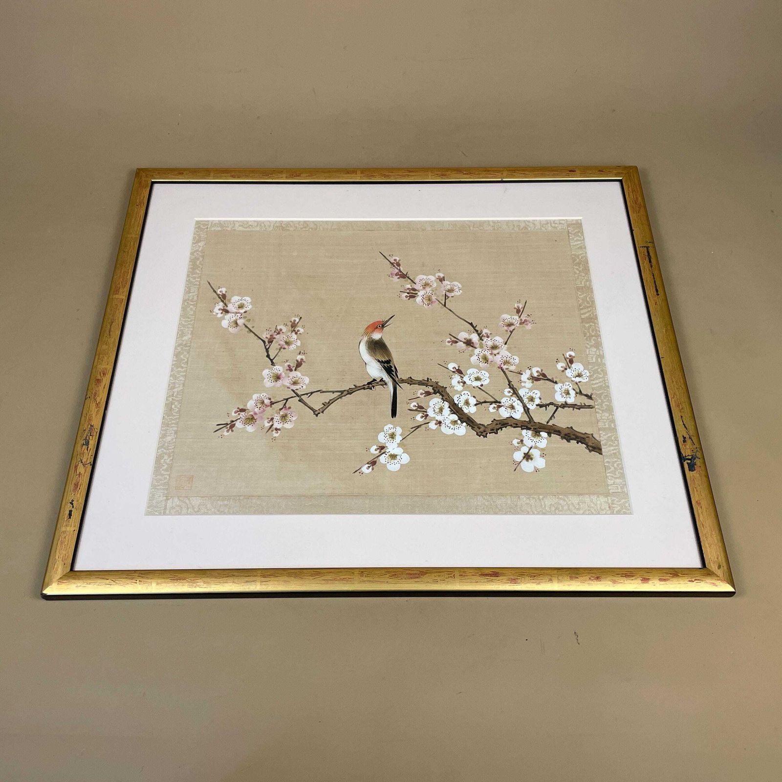 Asian Bird Floral Framed Art Picture Hand Painted On Silk Vintage Gold Frame Wall Hanging Japanese Style