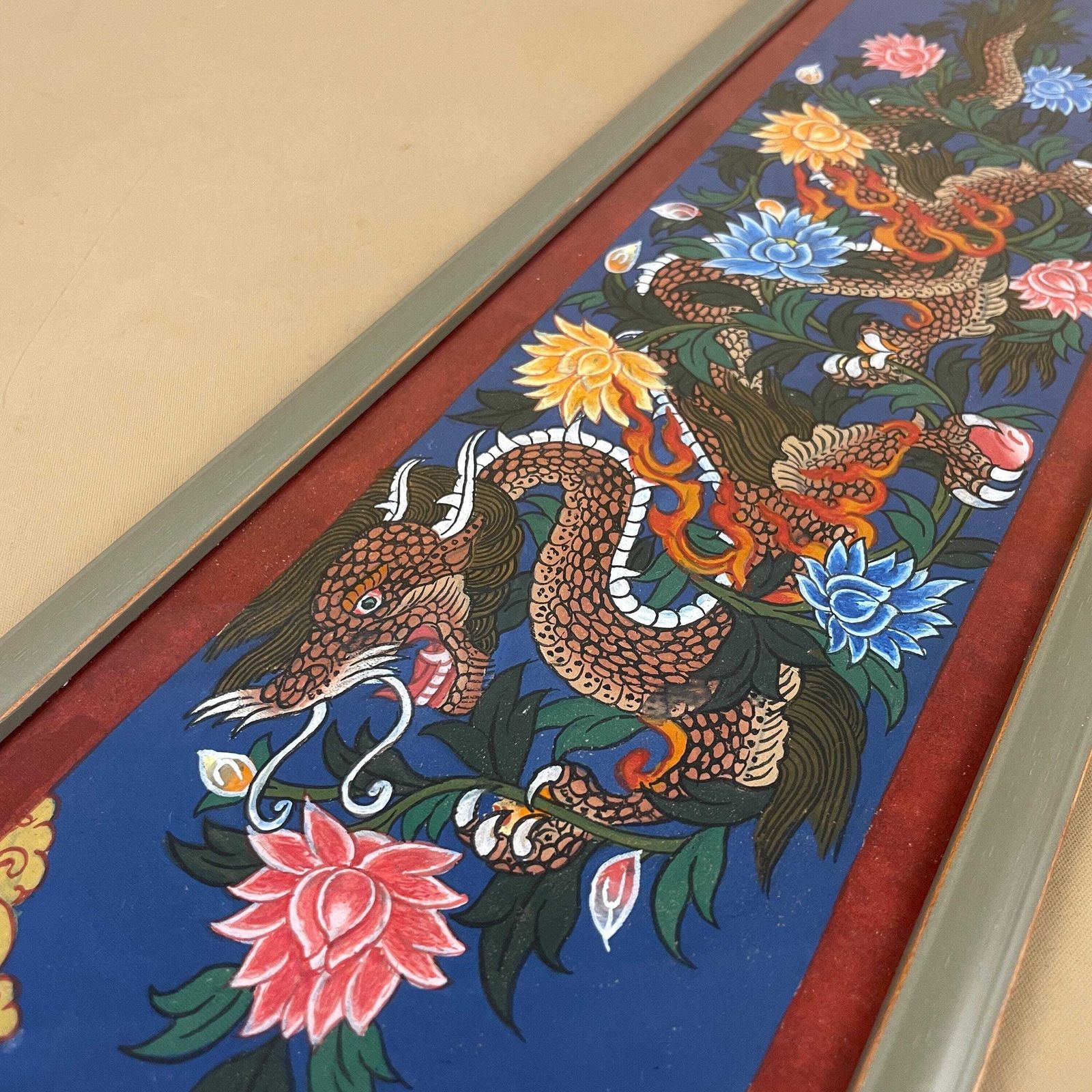 photo for sale Hand Painted Dragon Picture Framed Paper Asian Wall Decor Blue Floral Chinese Style Oriental Art Artwork