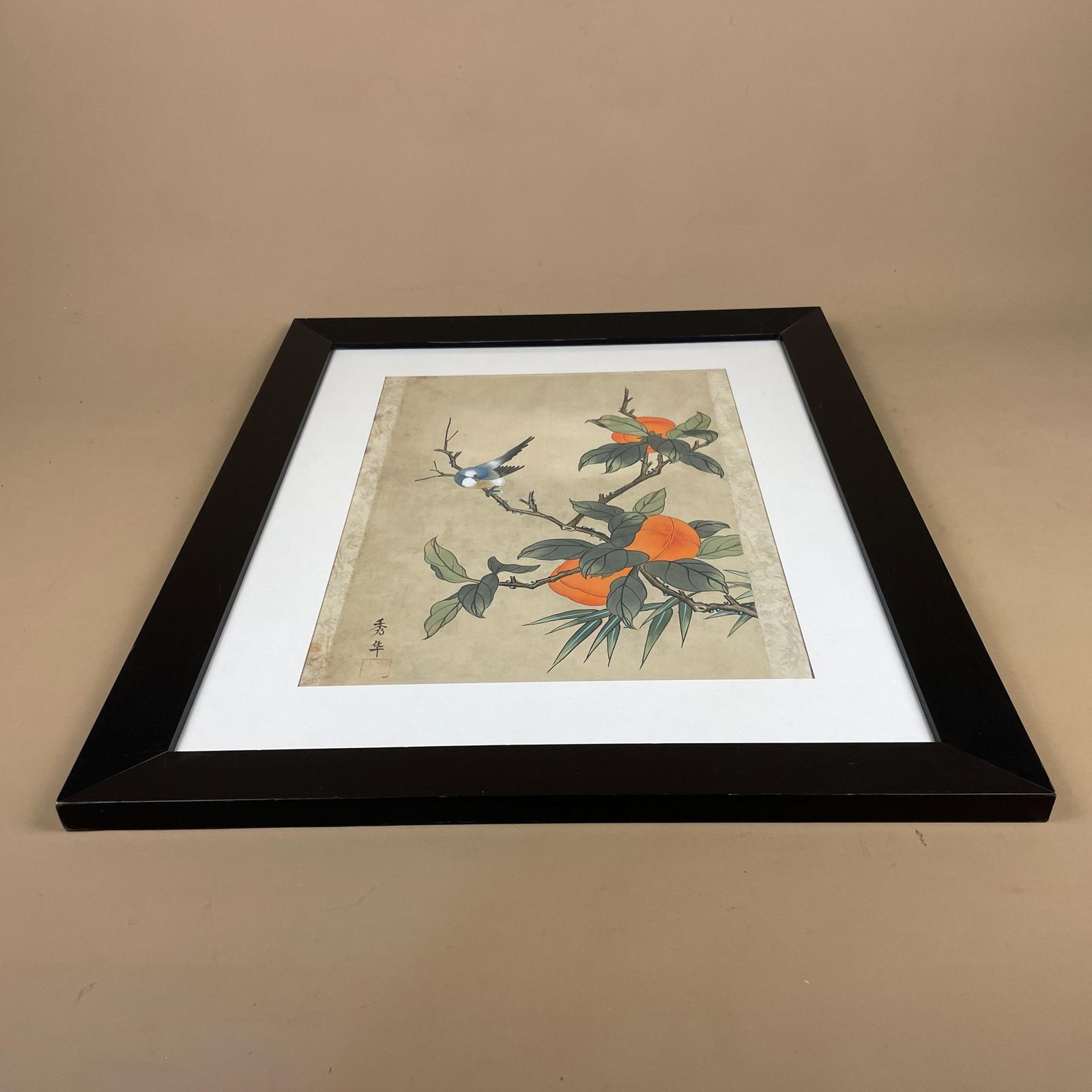 Silk Oriental Bird Picture Peach Blossom Wall Art Black Frame Vintage Asian Style Framed photo furniture