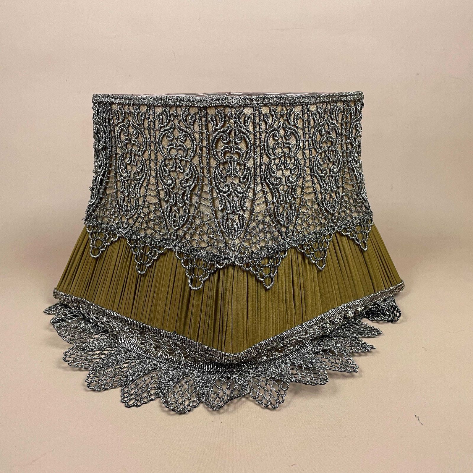 Silk Lampshade Vintage Pleated Table Lamp Shade Green Gold Lace Trim Diamond Shape Decorative Victorian Revival Handmade Shade