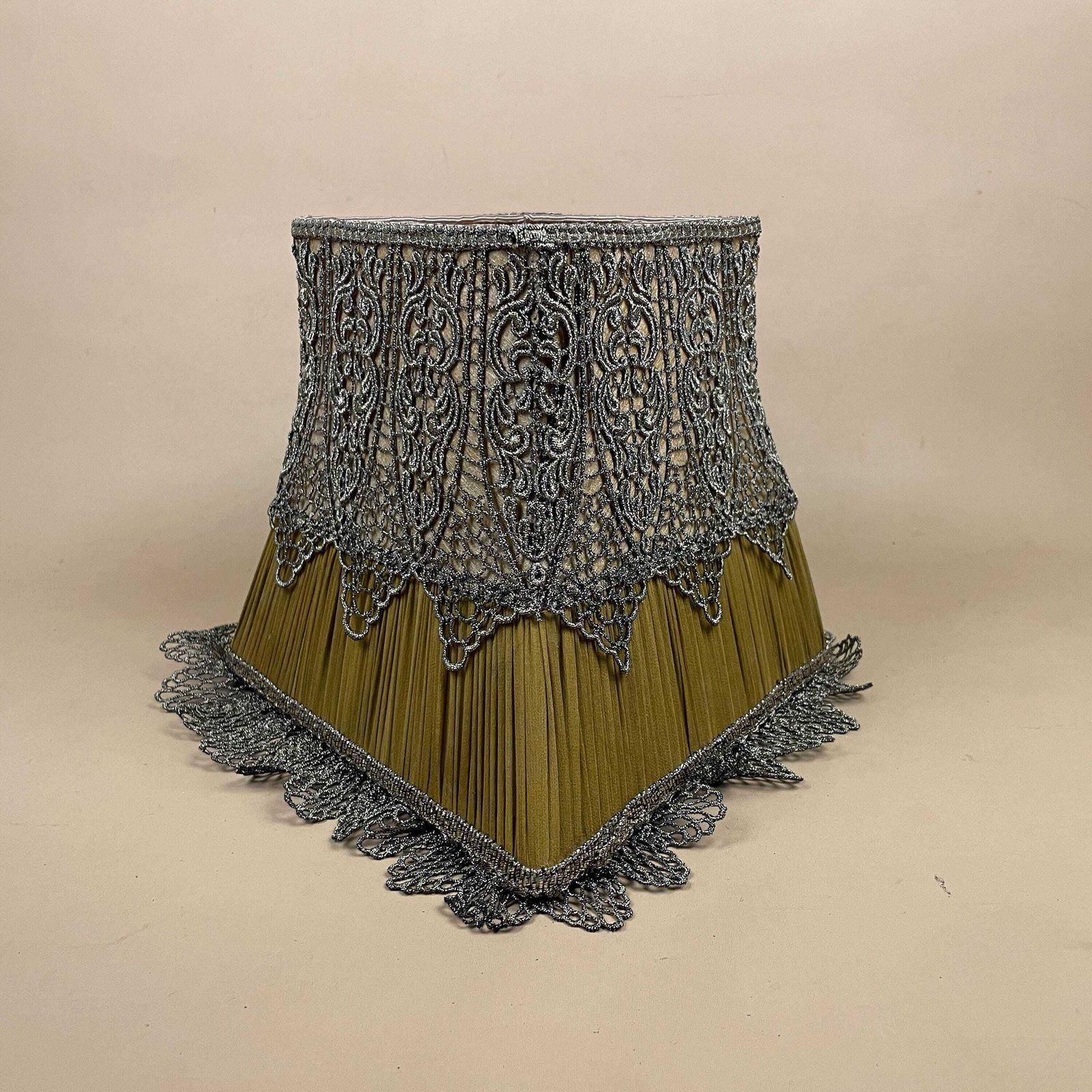 Silk Lampshade Vintage Pleated Table Lamp Shade Green Gold Lace Trim Diamond Shape Decorative Victorian Revival Handmade Shade photo buy