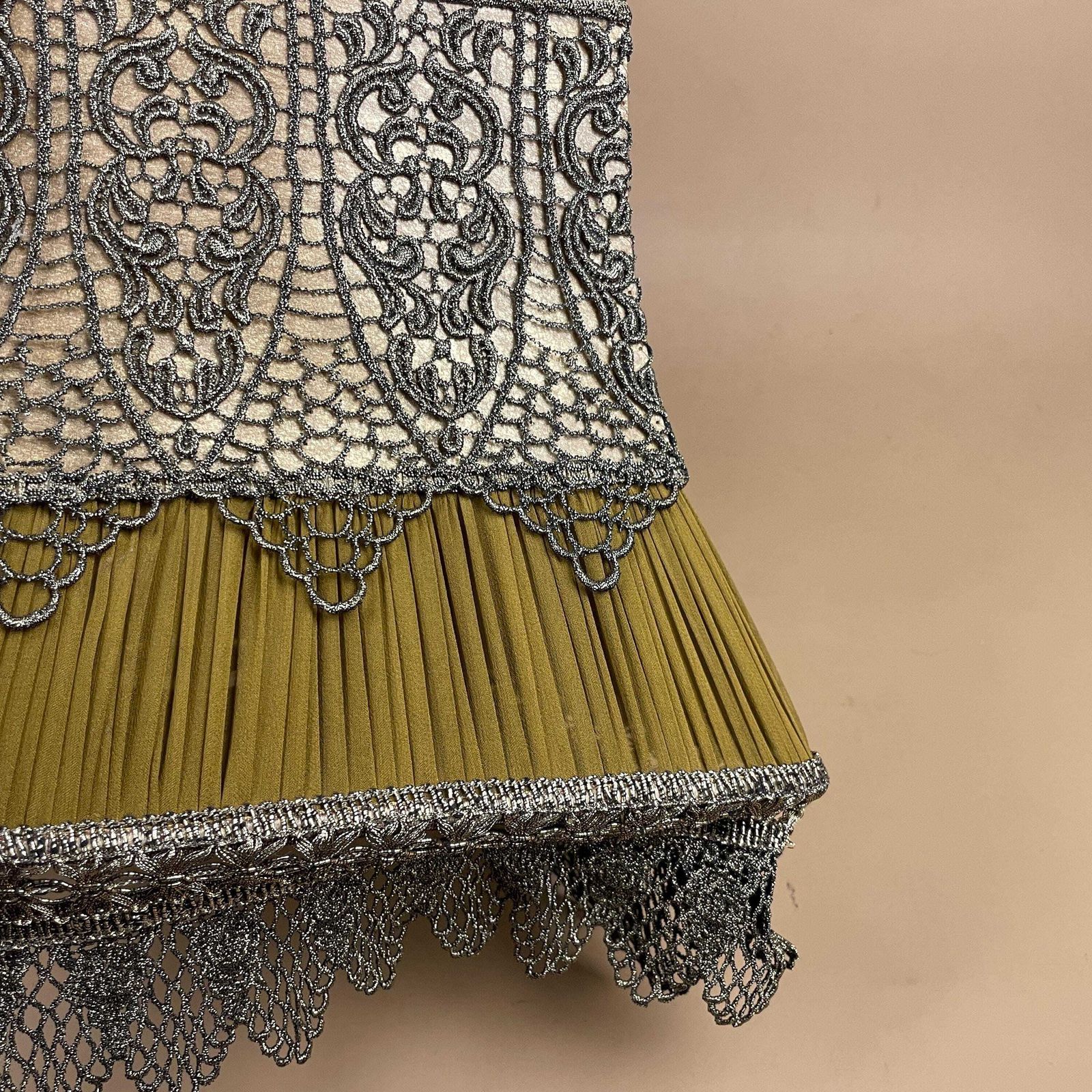 photo for sale Silk Lampshade Vintage Pleated Table Lamp Shade Green Gold Lace Trim Diamond Shape Decorative Victorian Revival Handmade Shade