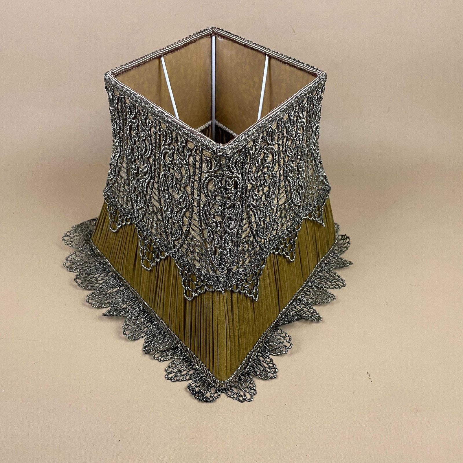 Lighting Silk Lampshade Vintage Pleated Table Lamp Shade Green Gold Lace Trim Diamond Shape Decorative Victorian Revival Handmade Shade photo