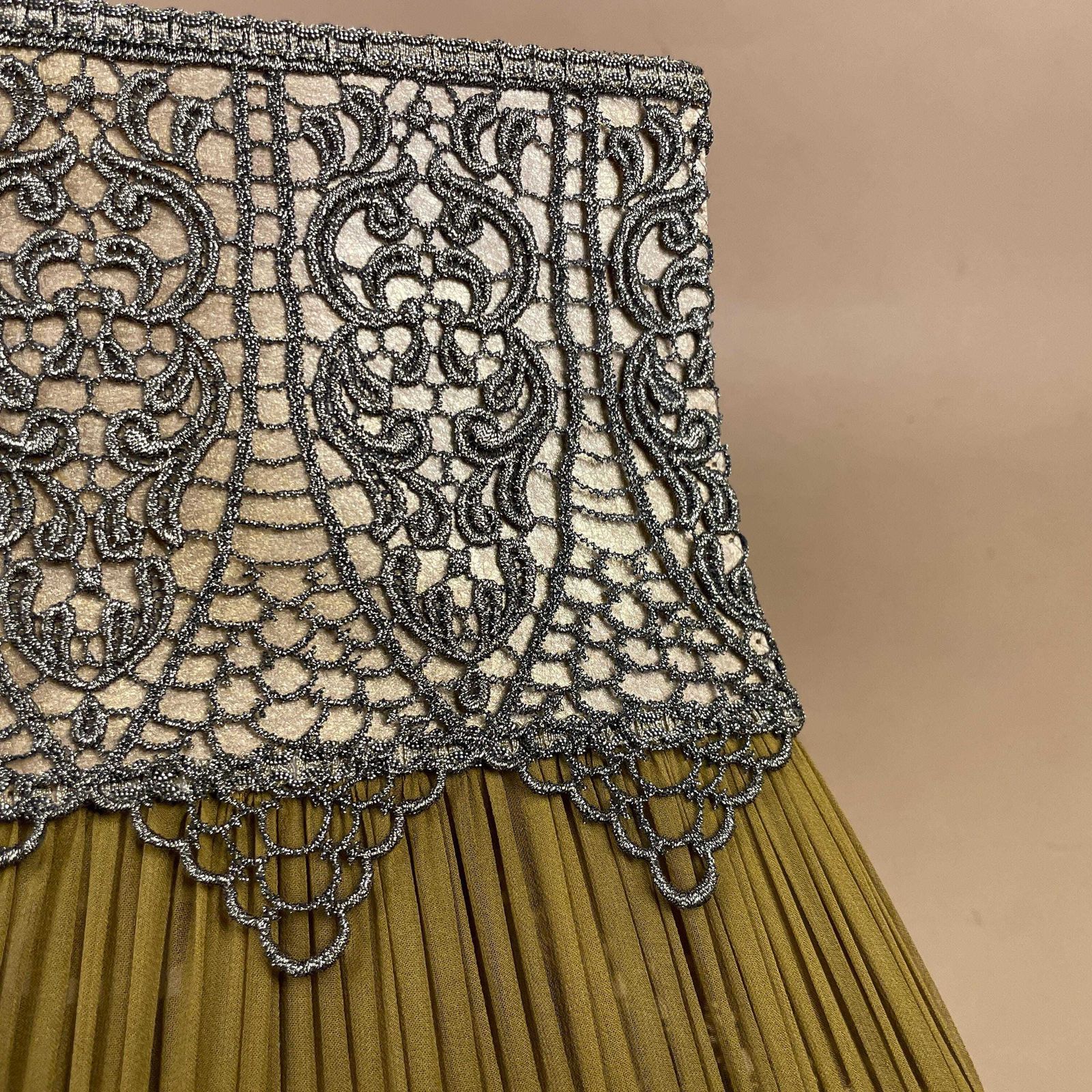 85.0 Silk Lampshade Vintage Pleated Table Lamp Shade Green Gold Lace Trim Diamond Shape Decorative Victorian Revival Handmade Shade photo