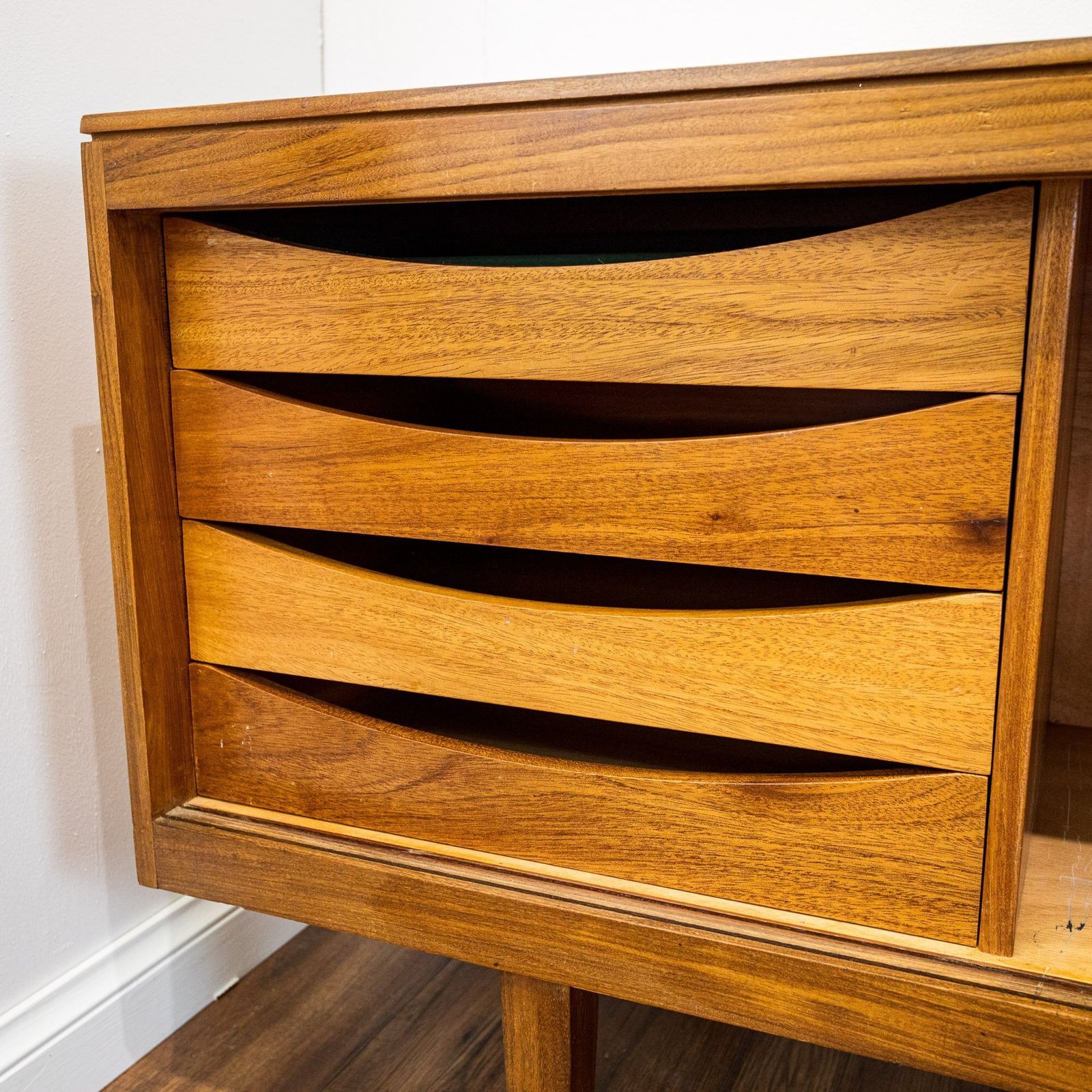 Archie Shine Long Teak Sliding Door Sideboard photo vinterior