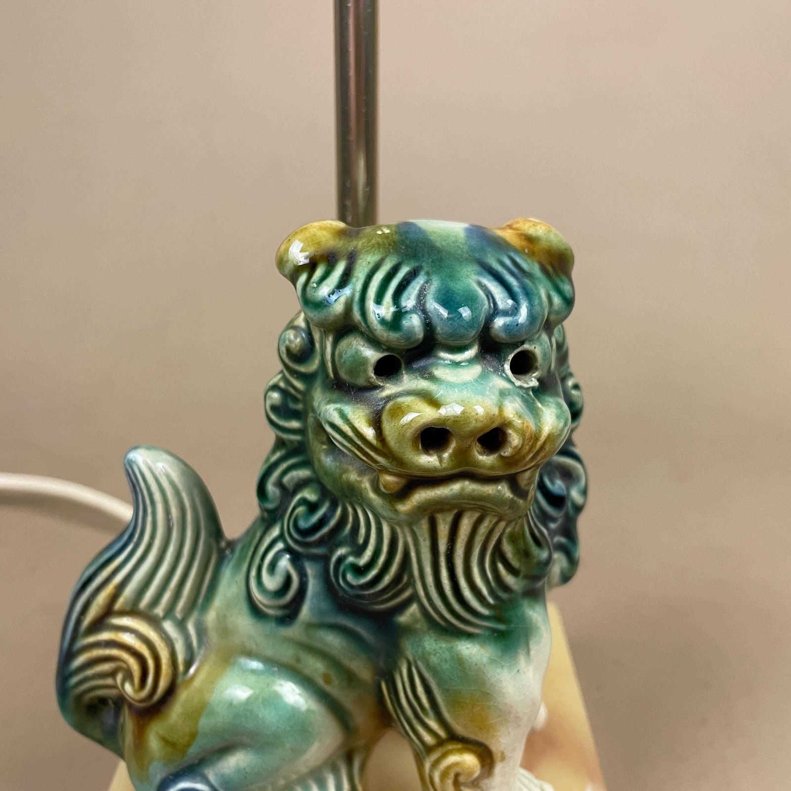 Oriental Lamp Bedside Table Light Green Blue Foo Dog Chinese Resin Onyx Marble Pattern Base Stand Ceramic Antique Classic Gold Brass Metal photo for sale