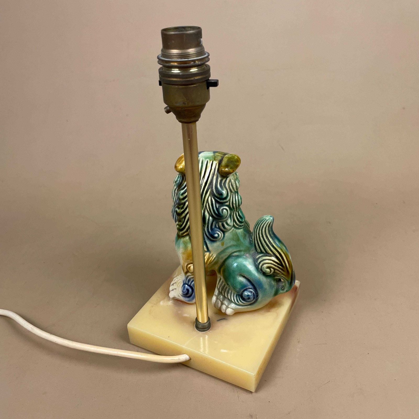 photo for sale Oriental Lamp Bedside Table Light Green Blue Foo Dog Chinese Resin Onyx Marble Pattern Base Stand Ceramic Antique Classic Gold Brass Metal