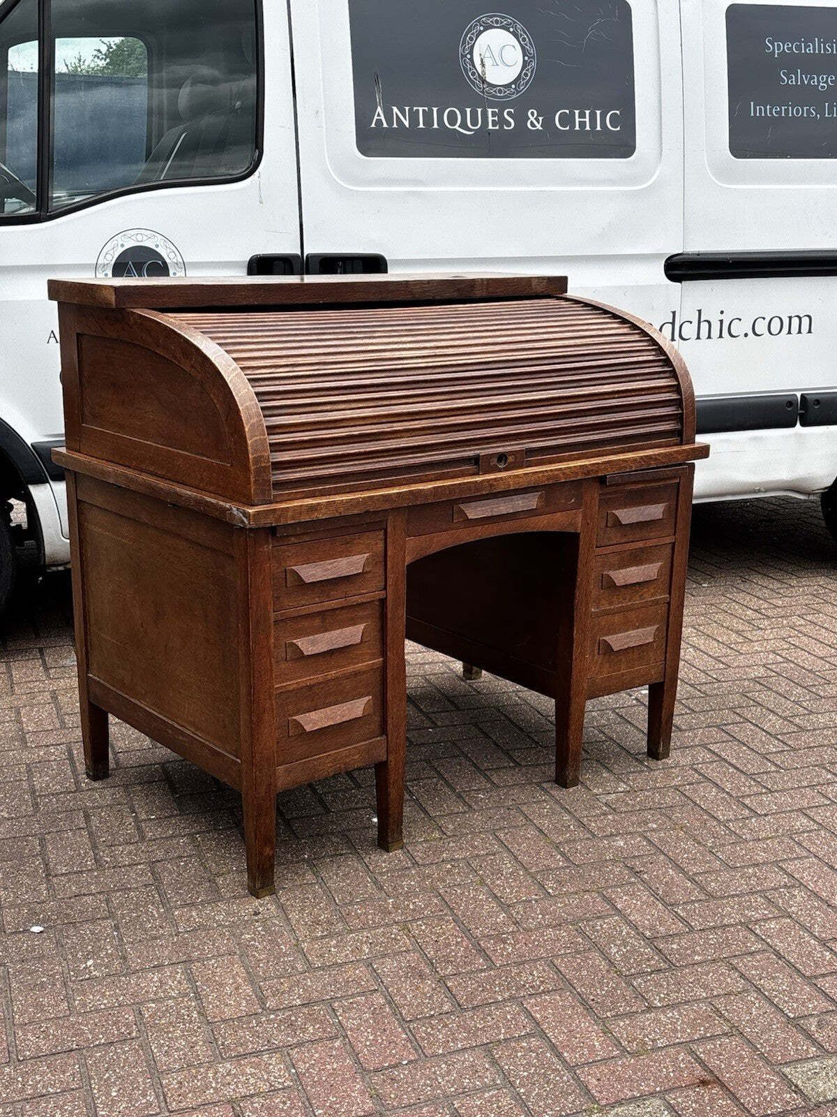 Edwardian Oak Roll Top Desk. With Fitted Interior. photo Furniture