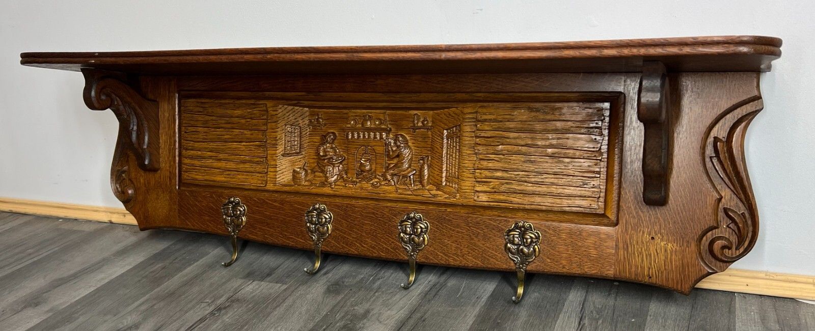 Coat Rack Antique French Carved Oak Wall Mounted 4 Hook Rack Hanger Lot 3108