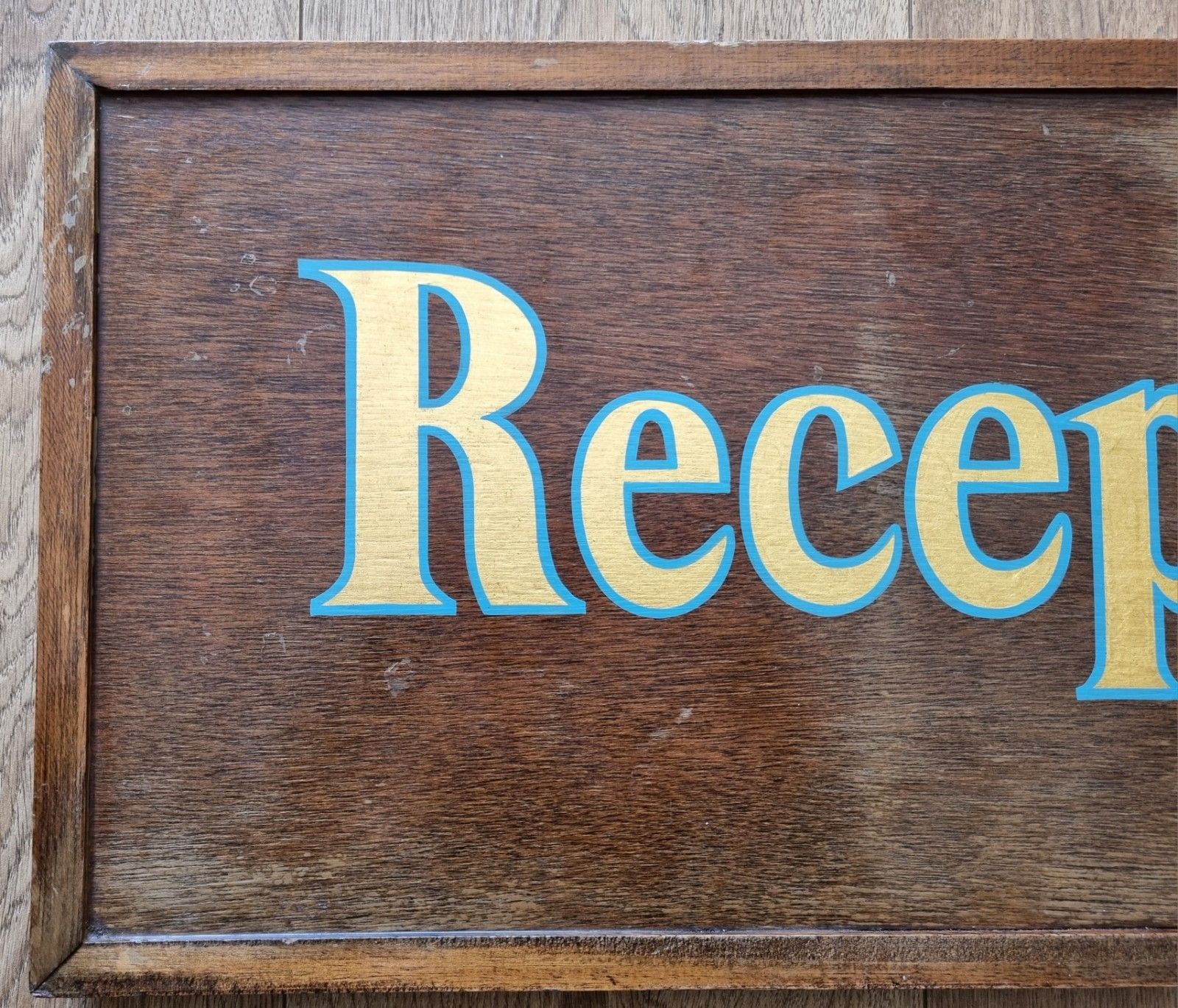 Vintage Oak Reception Sign Hand Painted / Stenciled Gold Blue 66cm X 29cm photo furniture