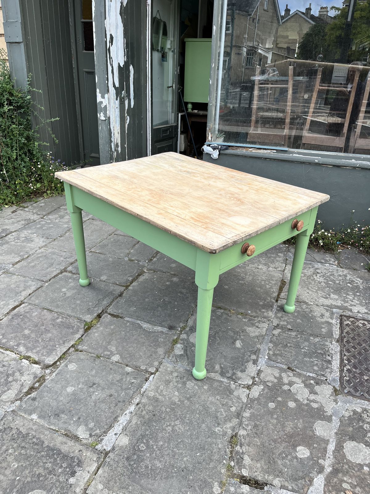 Victorian Pine Farmhouse Table Painted Green photo furniture