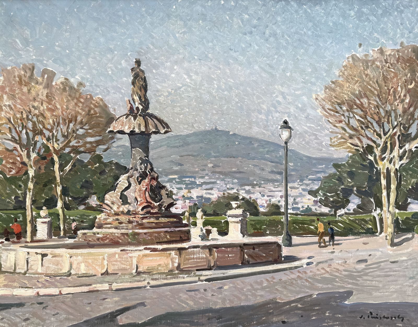 Josep Puigdengolas Barcelona Montjuic Park Fontein Stadsgezicht Catalaans Post-Impressionistisch Olieverf Doek jaren 1970 photo furniture