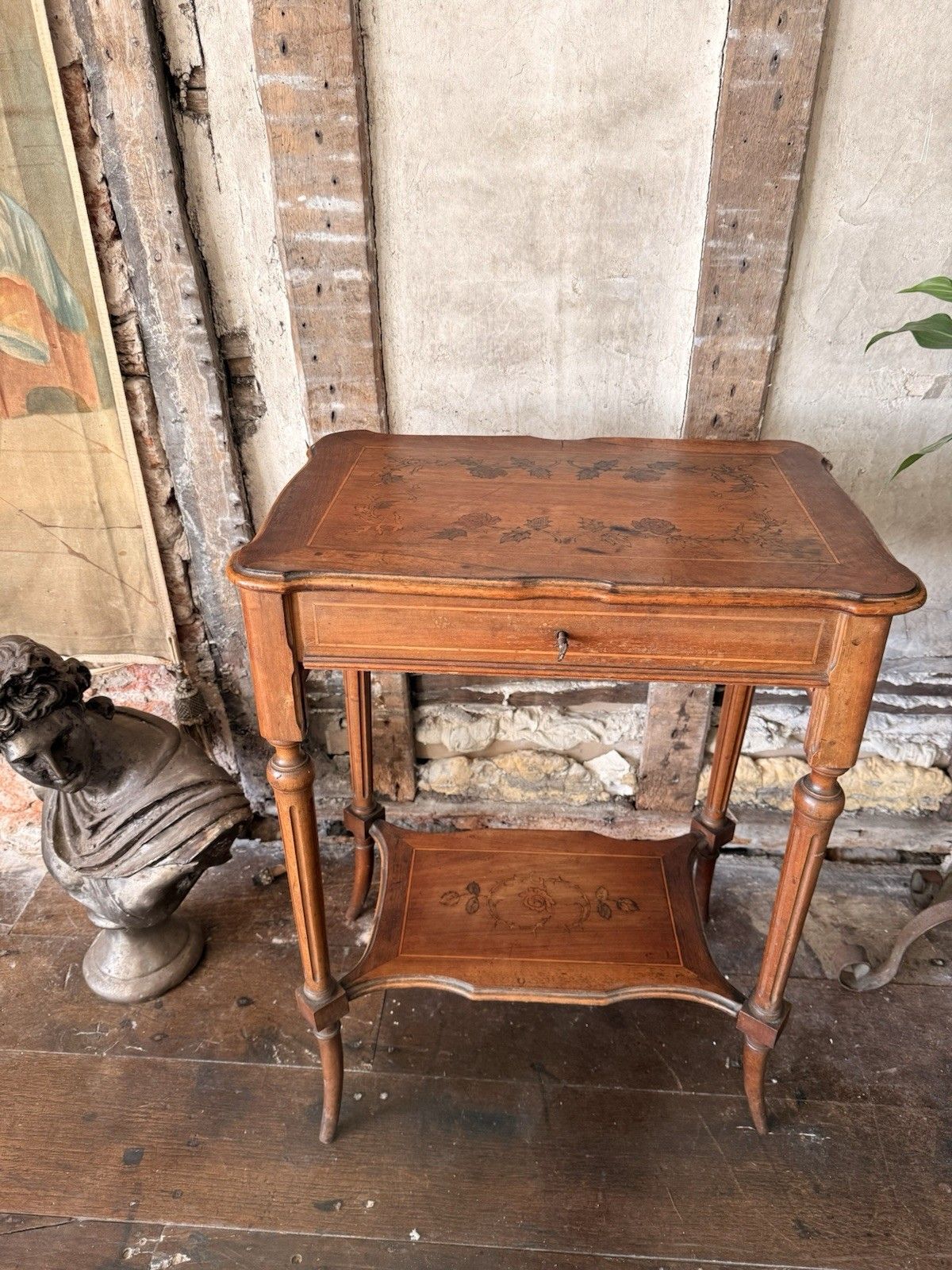 Antique French Inlaid Marquetry Mirror Dressing Table Side Table photo vintage