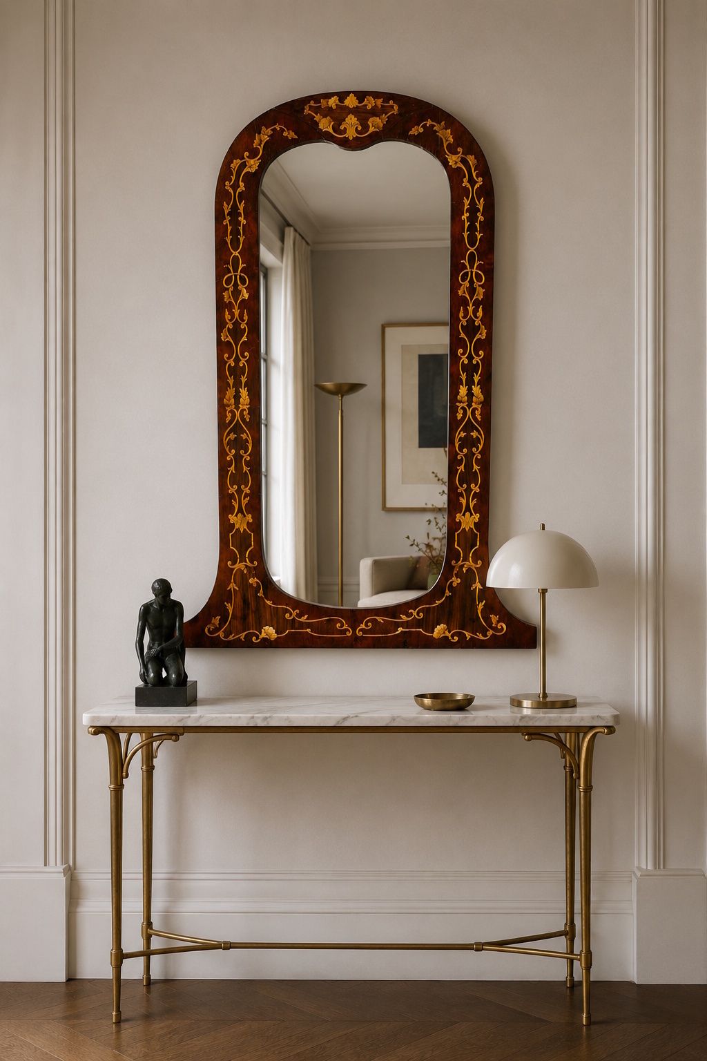 Miroir vénitien en noyer avec marqueterie Rococo, Venise, Italie photo vintage
