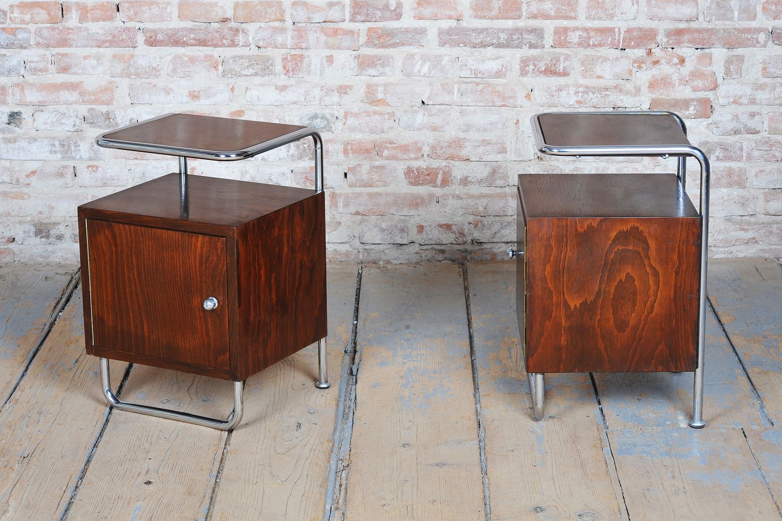 Pair Of Restored Bauhaus Bedside Tables, Beech, Maple, Chrome, Czech, 1930s photo furniture