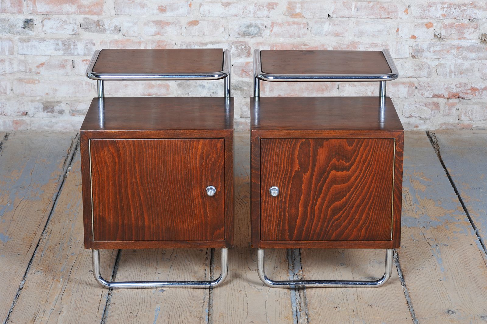 1450.0 Pair Of Restored Bauhaus Bedside Tables, Beech, Maple, Chrome, Czech, 1930s photo