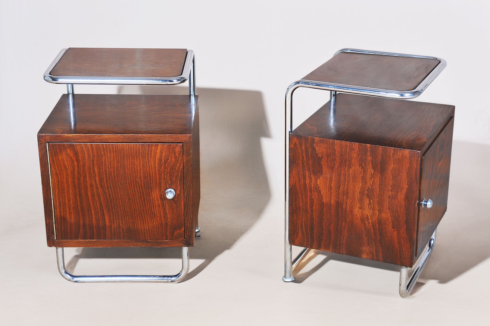 Pair Of Restored Bauhaus Bedside Tables, Beech, Maple, Chrome, Czech, 1930s
