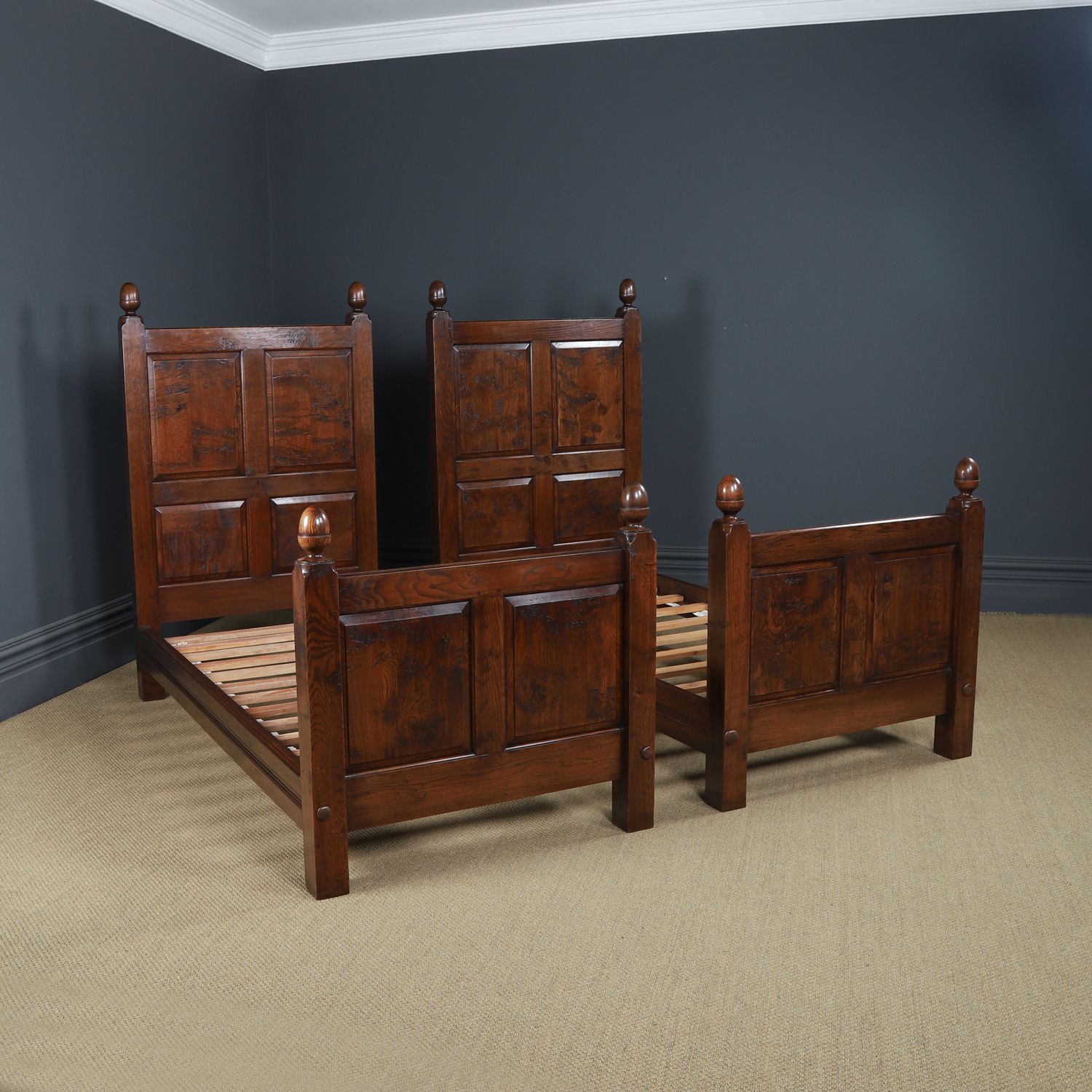 English 17th Century Style Pair Of Figured Oak 3ft Single Beds (Circa 1980) photo furniture