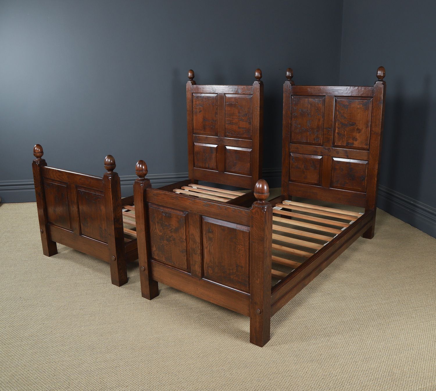 English 17th Century Style Pair Of Figured Oak 3ft Single Beds (Circa 1980) photo Furniture