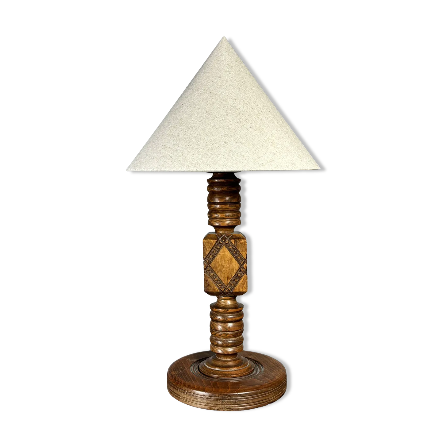 Lampe de table mid-century Brutalist en bois tourné, dans le style de Charles Dudouyt