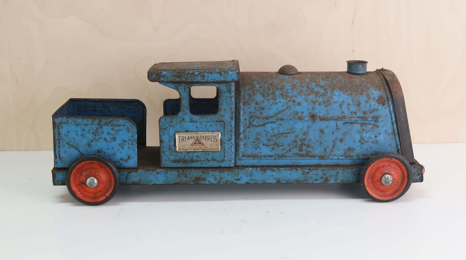 Vintage Pull Along Tinplate Toy Train. English 1950's photo Home Decor