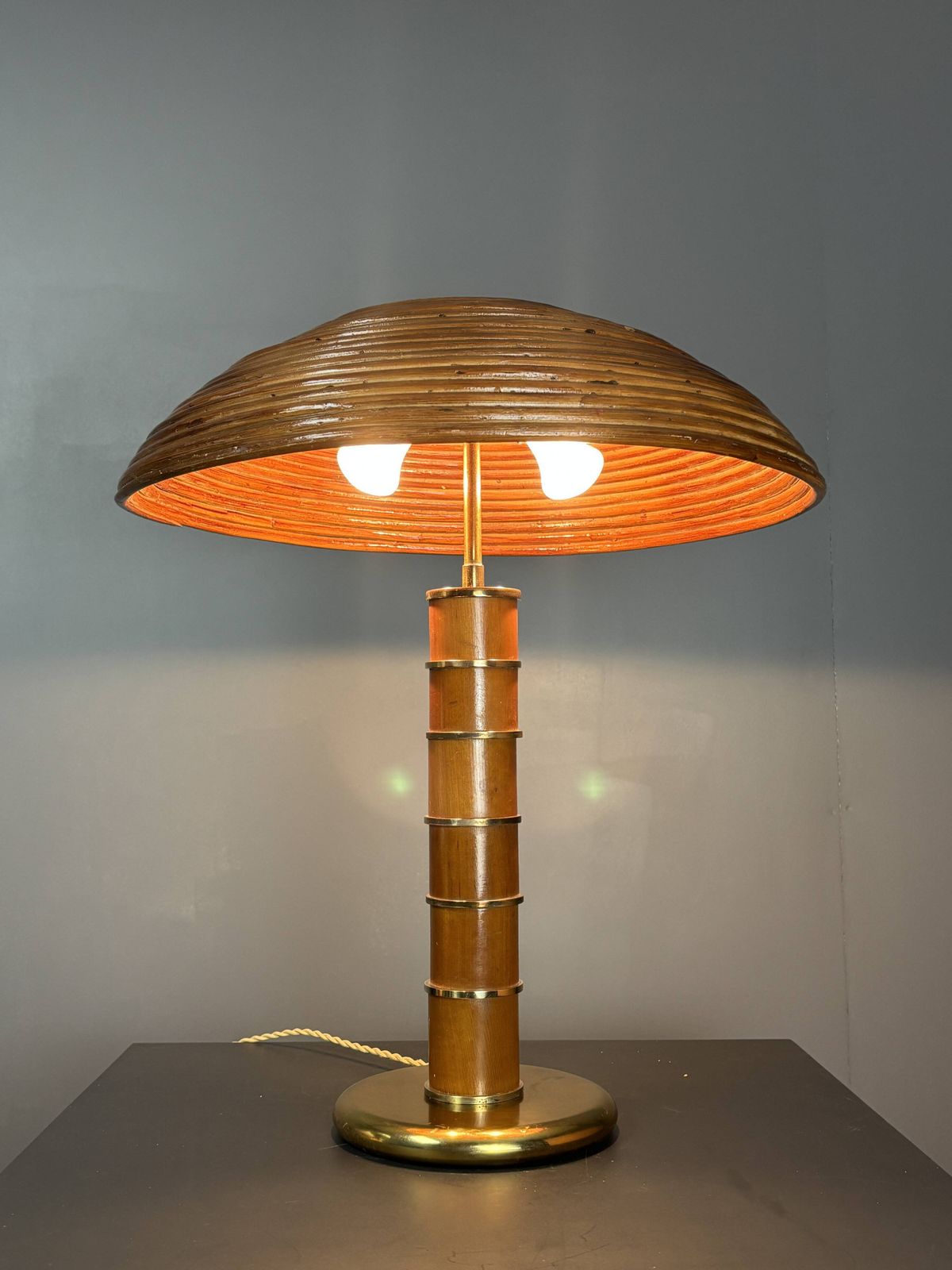 Lighting Midcentury Pencil Reed Rattan Bamboo And Brass Table Lamp, 1960s photo