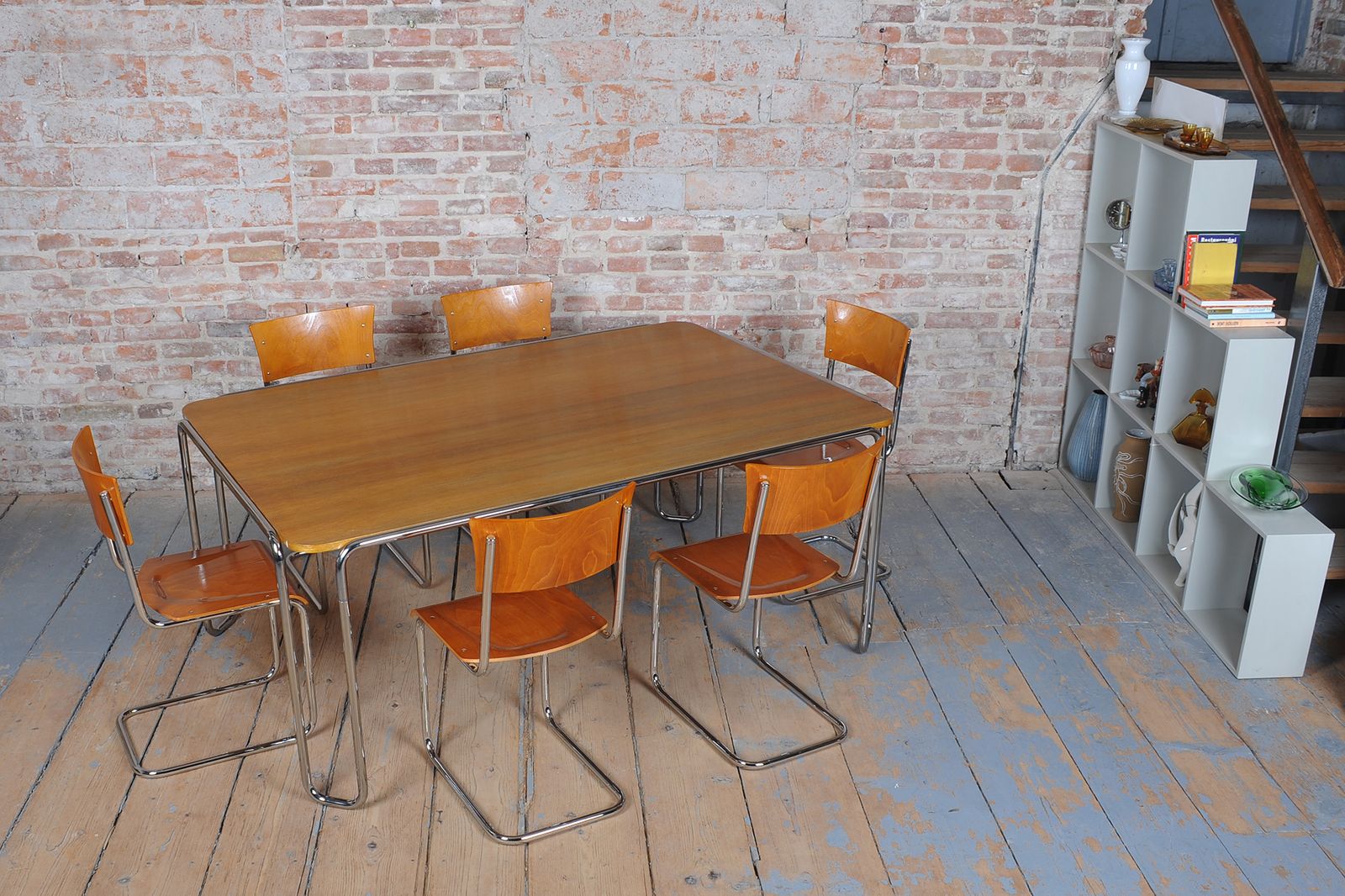 Restored Bauhaus Dining Table, By R. Slezák, Chrome, Polished Oak, Czech, 1930s photo vinterior