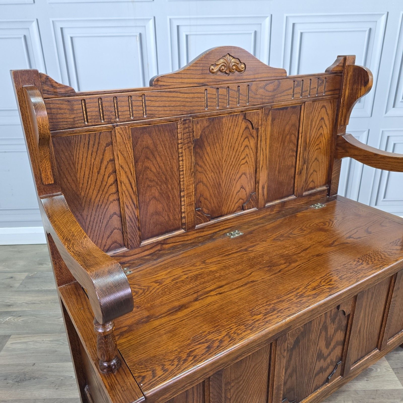 Antique Oak Settle Pew Monks Bench Storage Trunk Box Hall Seat Jacobean Revival photo for sale