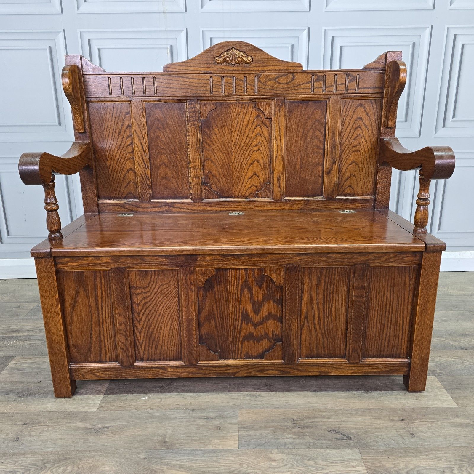 470.0 Antique Oak Settle Pew Monks Bench Storage Trunk Box Hall Seat Jacobean Revival photo