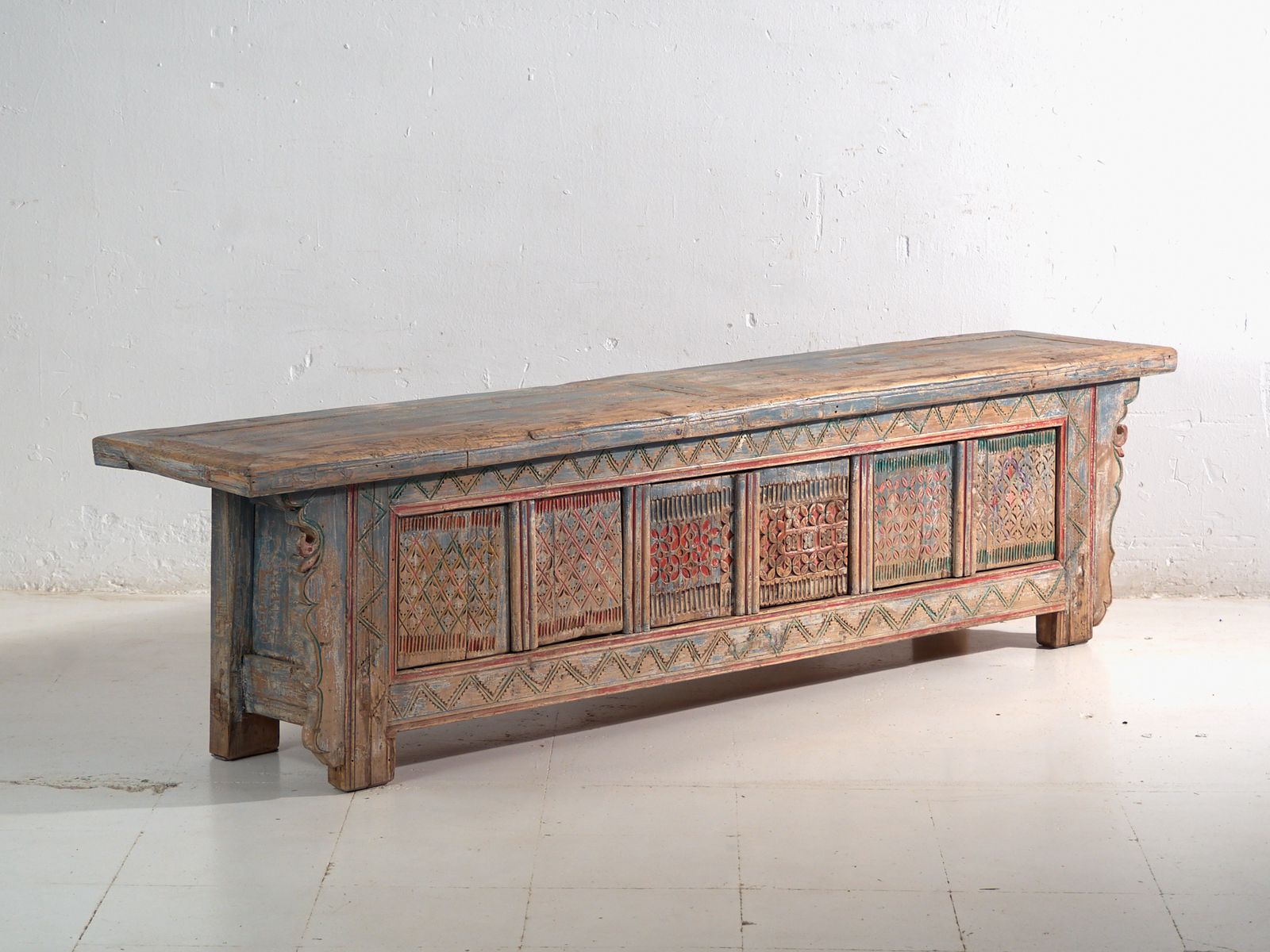 Antique Carved And Polychrome Low Sideboard In Fir Wood – China, Circa 1930 photo for sale