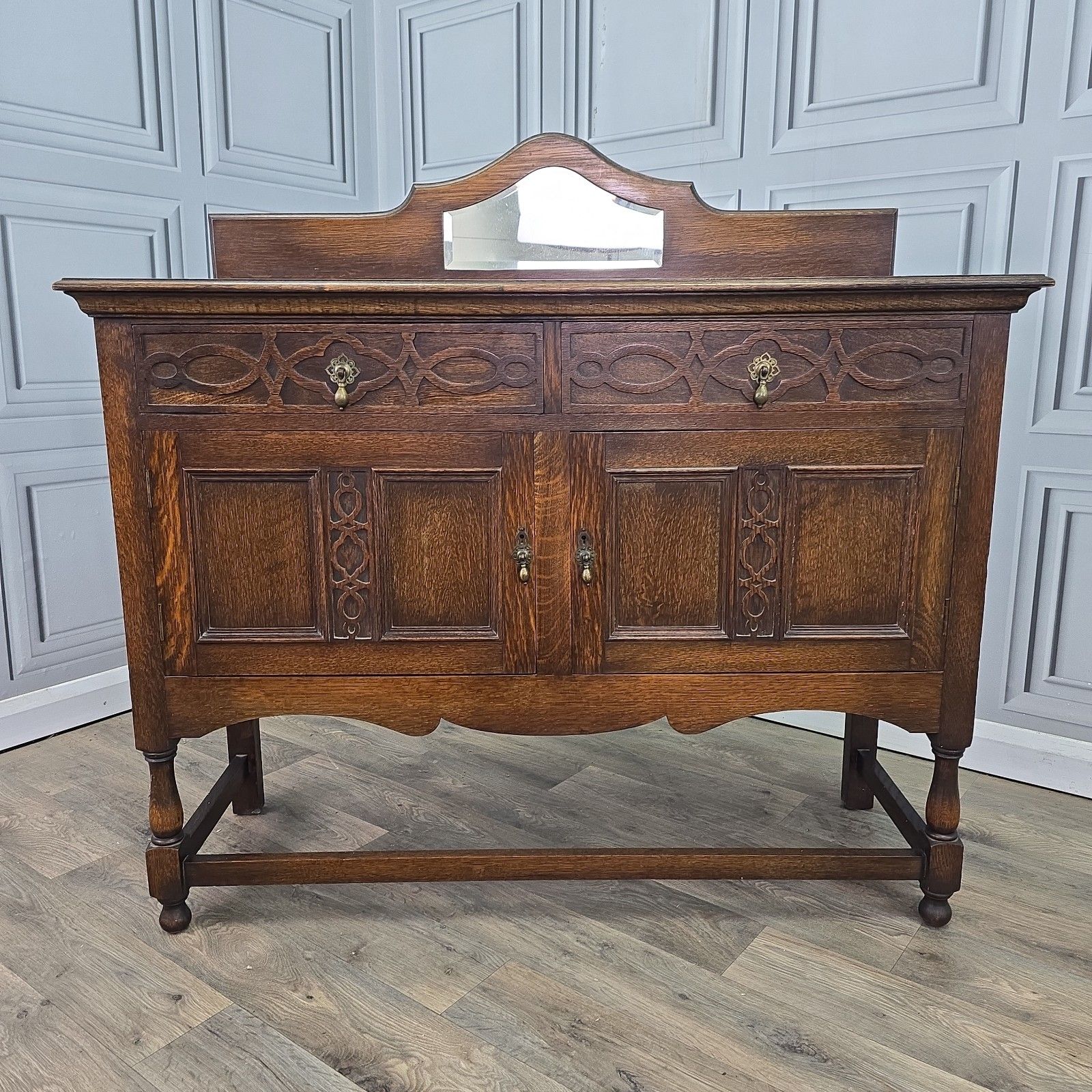 photo for sale Antique Oak Sideboard Mirror Back Jacobean Revival Buffet Cabinet  Wood Cupboard
