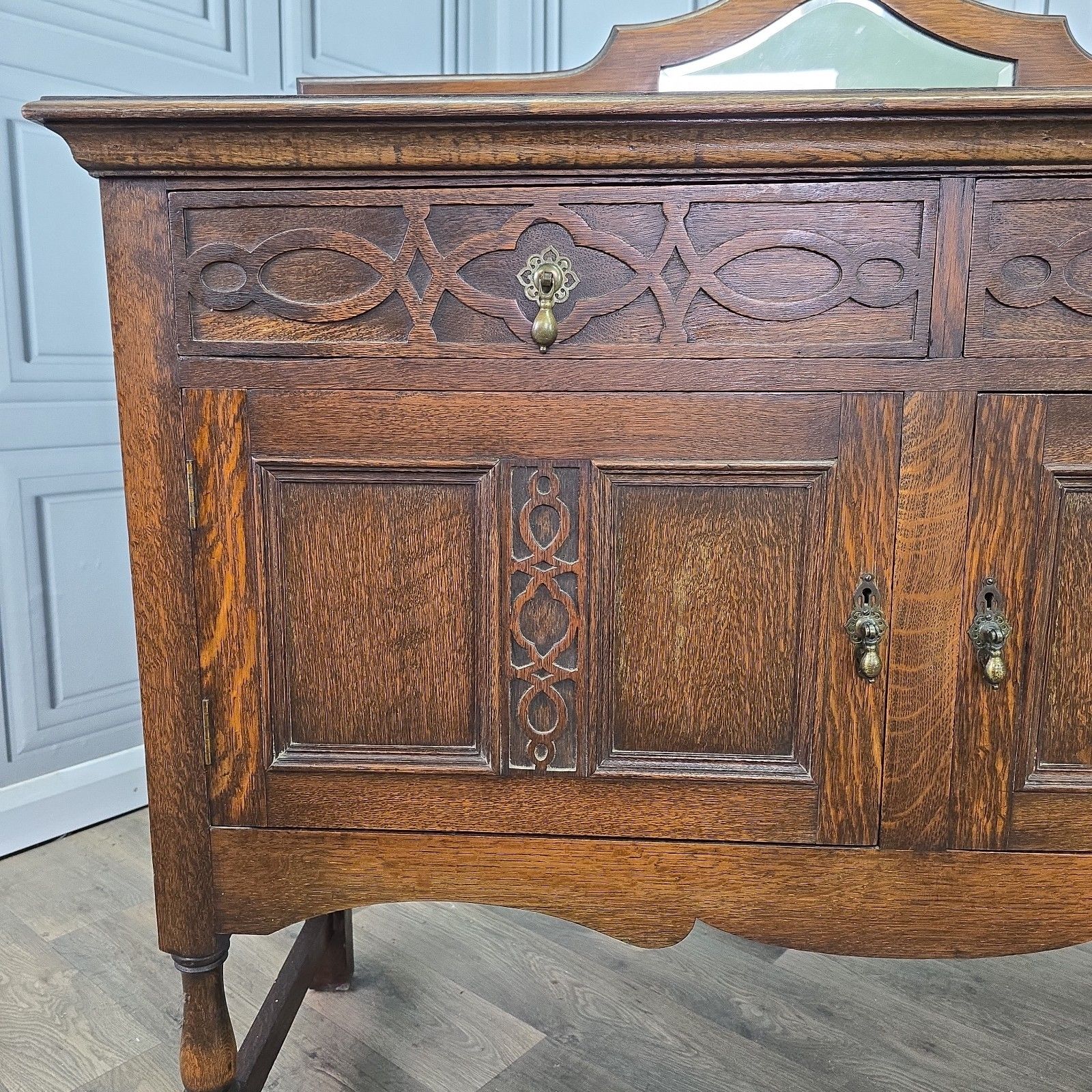 Furniture Antique Oak Sideboard Mirror Back Jacobean Revival Buffet Cabinet  Wood Cupboard photo